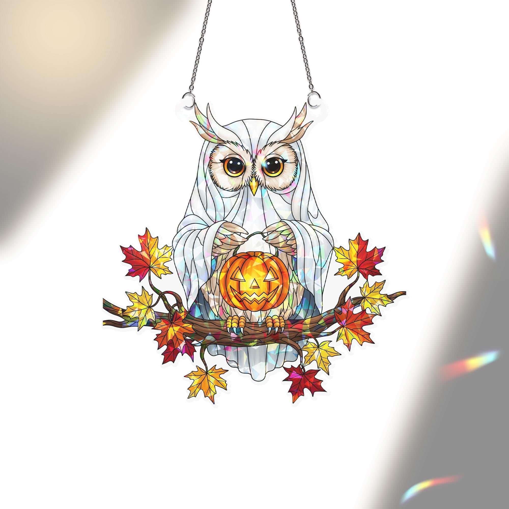 Ghost Owl Suncatcher – Halloween Stained Glass Owl Decor – Cute Spooky Fall Window Hanging – Jack O’Lantern Owl Ornament
