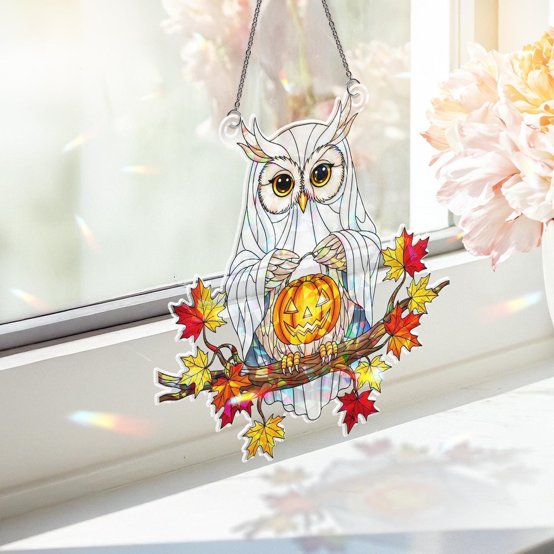 Ghost Owl Suncatcher – Halloween Stained Glass Owl Decor – Cute Spooky Fall Window Hanging – Jack O’Lantern Owl Ornament
