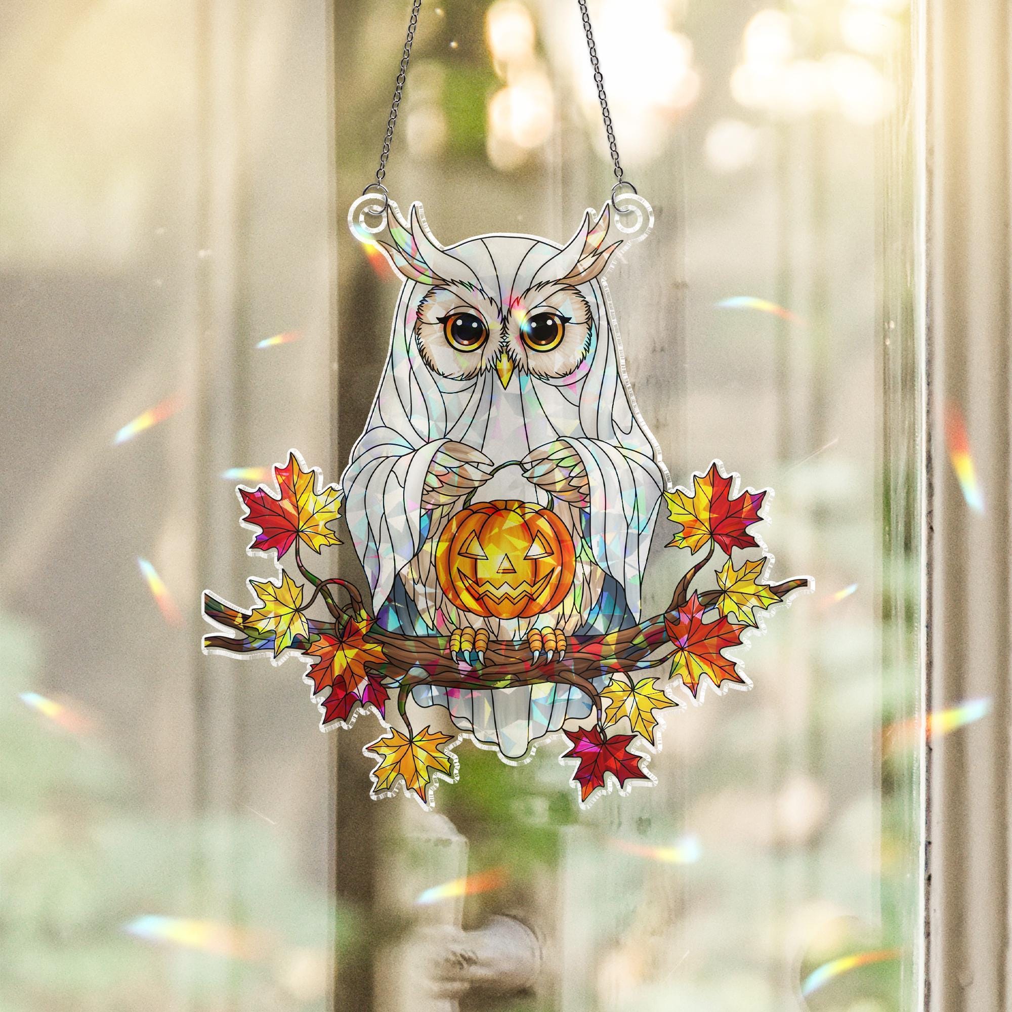 Ghost Owl Suncatcher – Halloween Stained Glass Owl Decor – Cute Spooky Fall Window Hanging – Jack O’Lantern Owl Ornament
