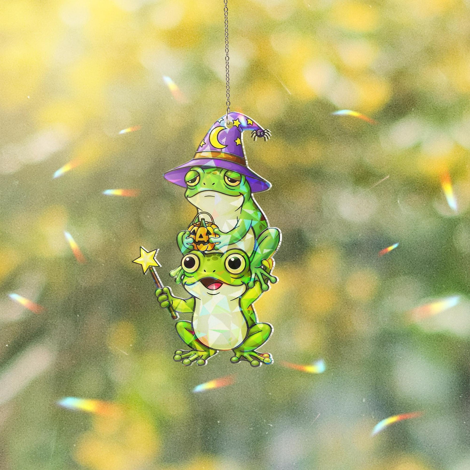 Halloween Frog Suncatcher – Cute Witch Frog Window Hanging – Stained Glass Frog Ornament – Funny Fall Frog Halloween Decor