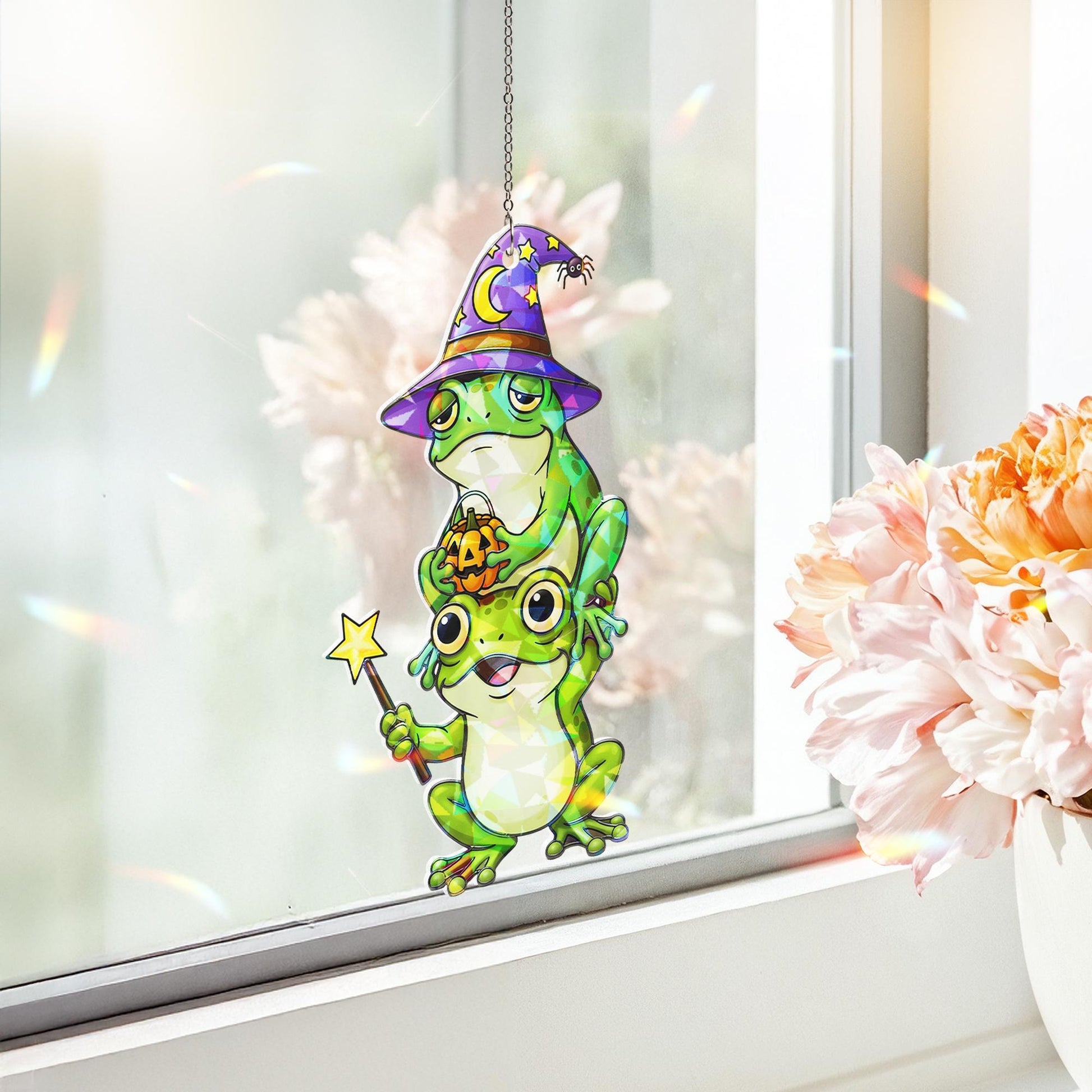 Halloween Frog Suncatcher – Cute Witch Frog Window Hanging – Stained Glass Frog Ornament – Funny Fall Frog Halloween Decor