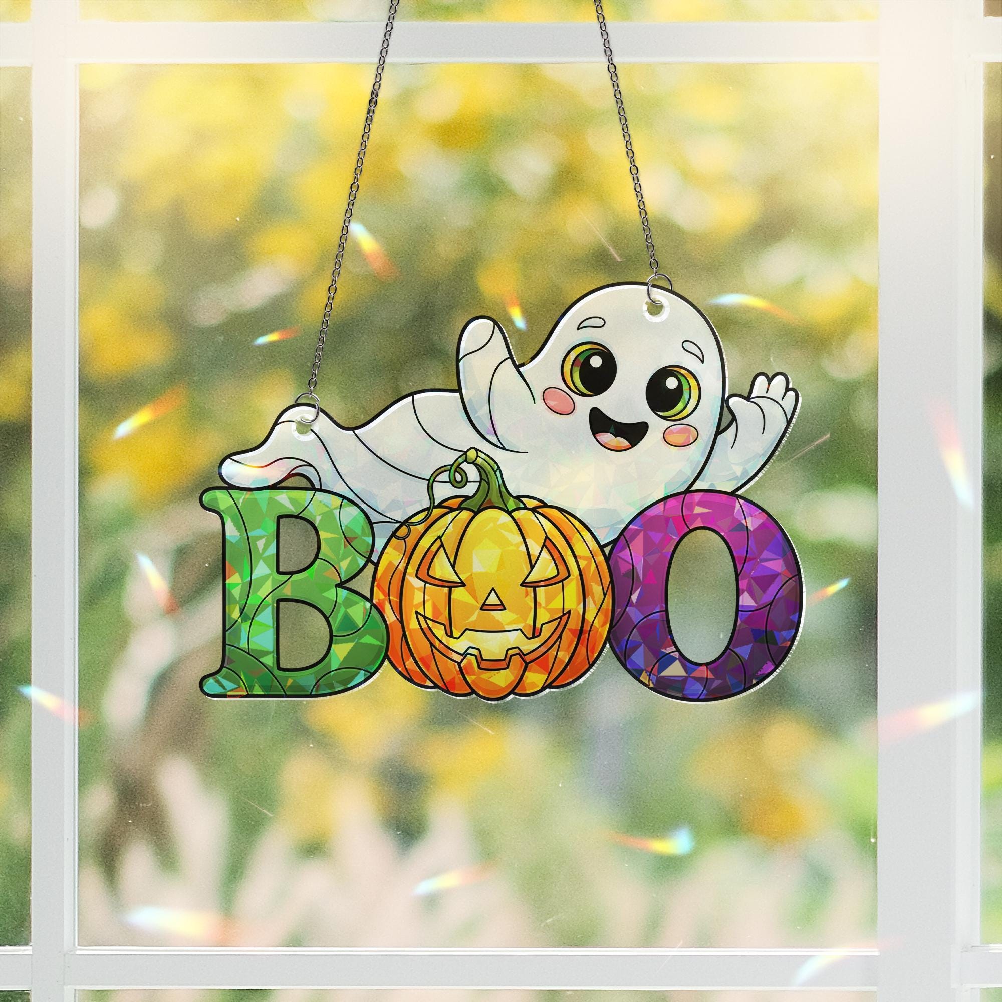 Cute Ghost BOO Suncatcher – Halloween Stained Glass Window Hanging – Smiling Pumpkin Ghost Ornament – Fun Fall Window Decor