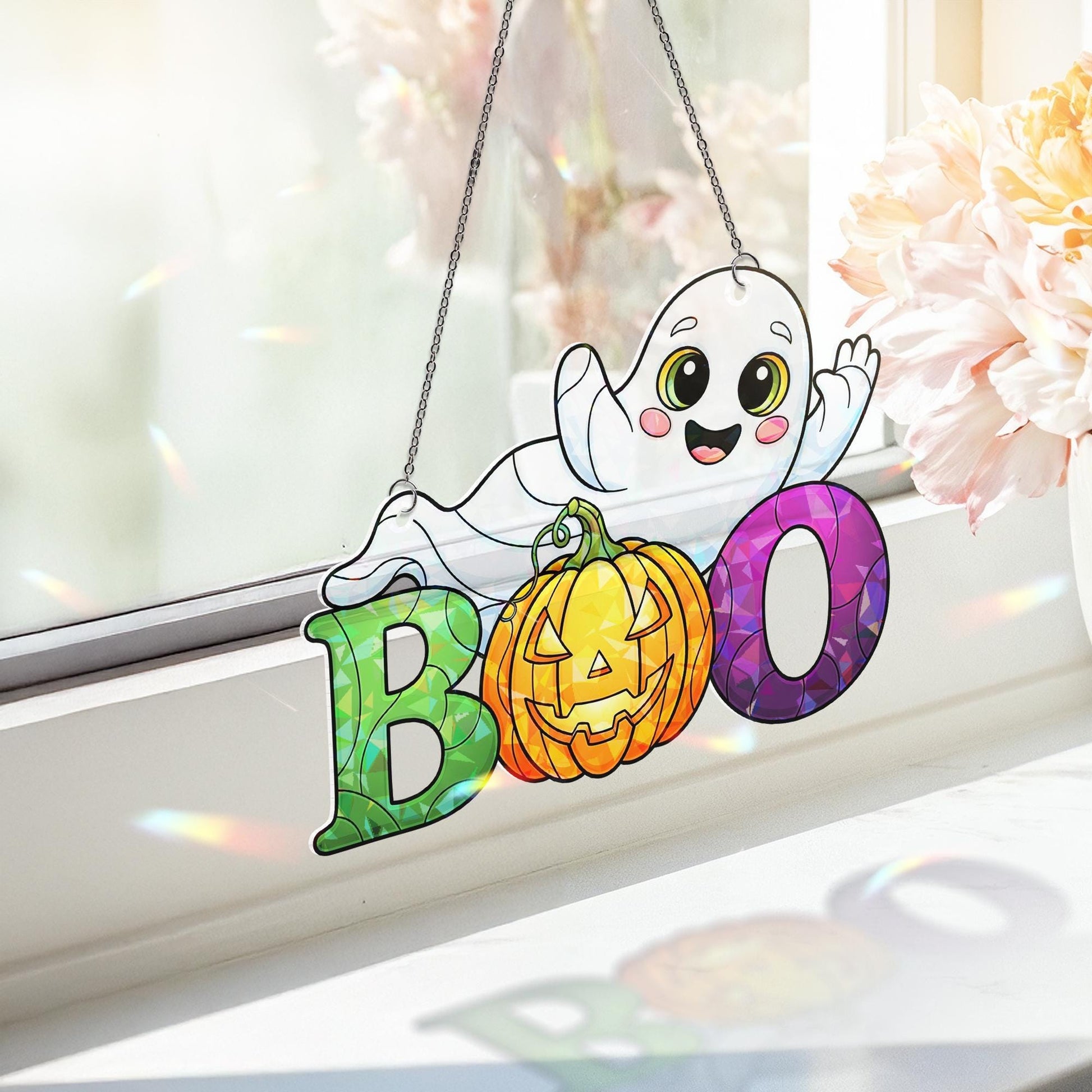 Cute Ghost BOO Suncatcher – Halloween Stained Glass Window Hanging – Smiling Pumpkin Ghost Ornament – Fun Fall Window Decor