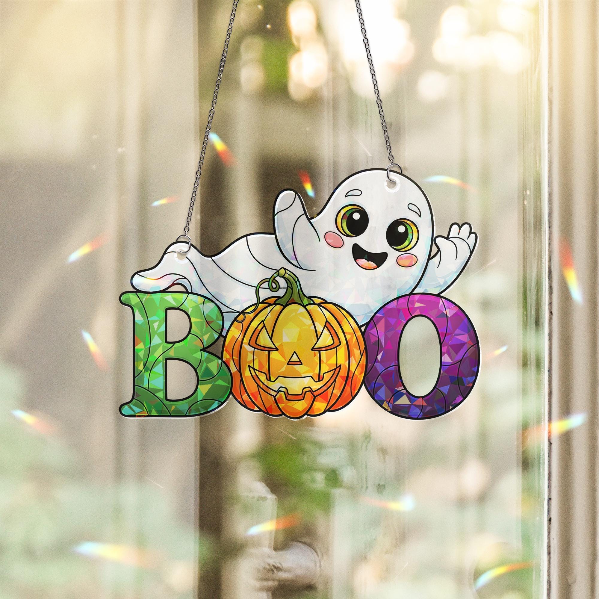 Cute Ghost BOO Suncatcher – Halloween Stained Glass Window Hanging – Smiling Pumpkin Ghost Ornament – Fun Fall Window Decor