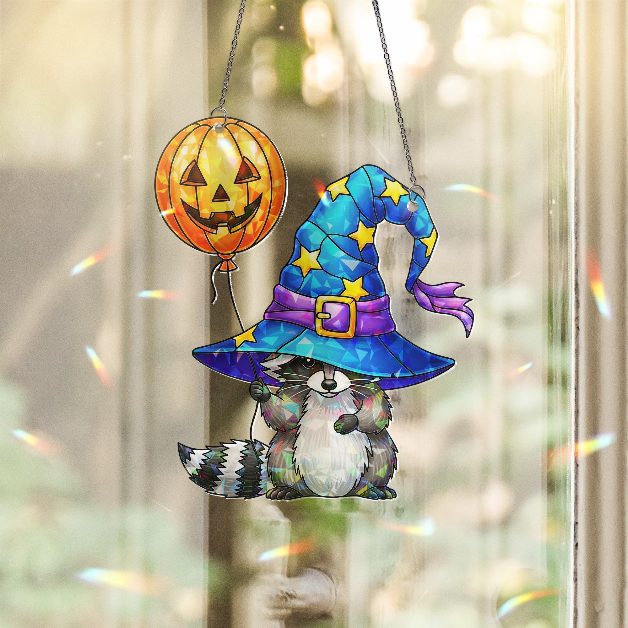 Halloween Raccoon Witch Suncatcher, Stained Glass Style Animal Decor, Spooky Autumn Window Hanging, Unique Gift for Halloween Lover