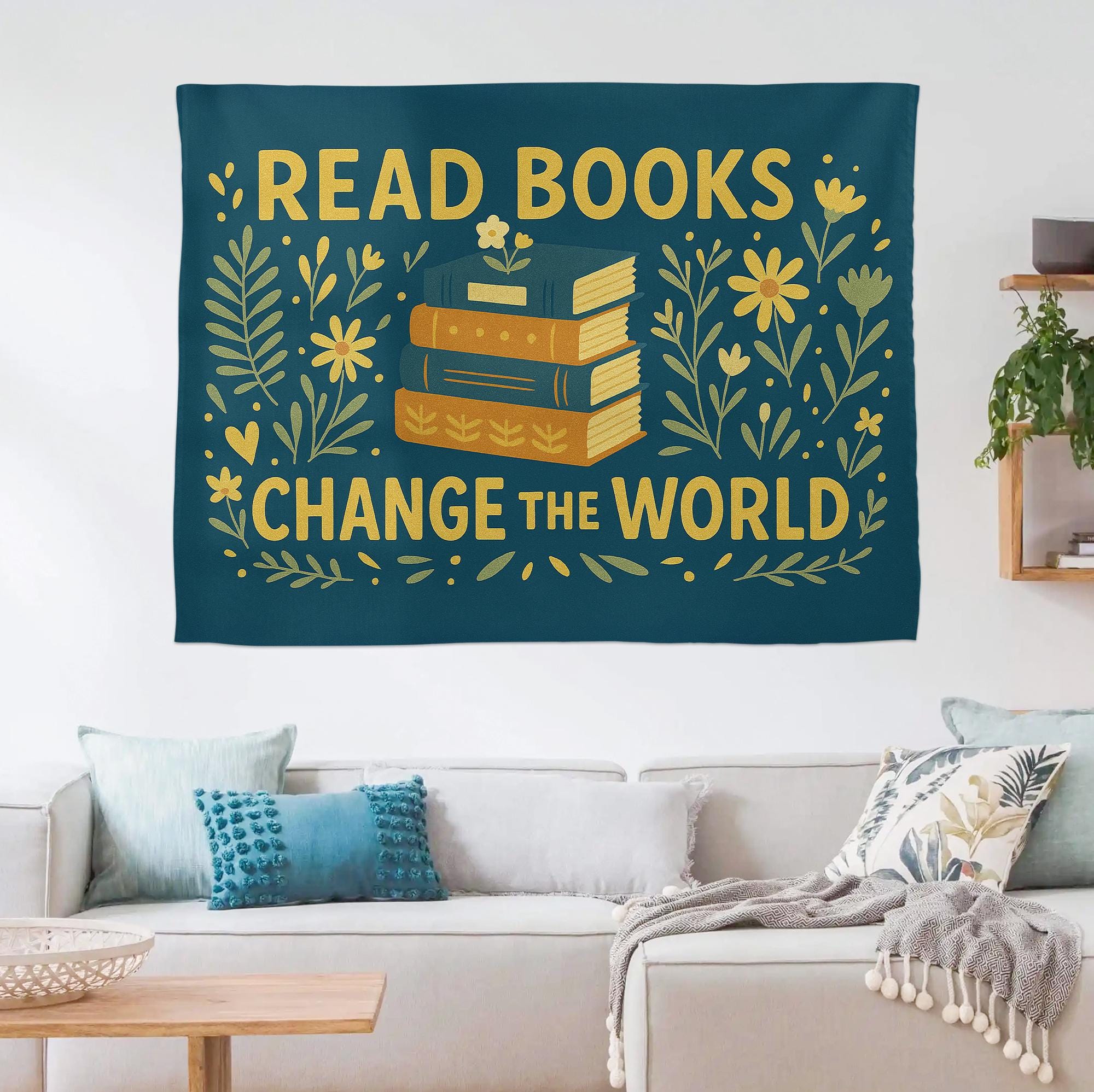 Read Books Change the World Tapestry – Book Lover Wall Hanging – Inspirational Library Decor for Classroom, Dorm, or Office