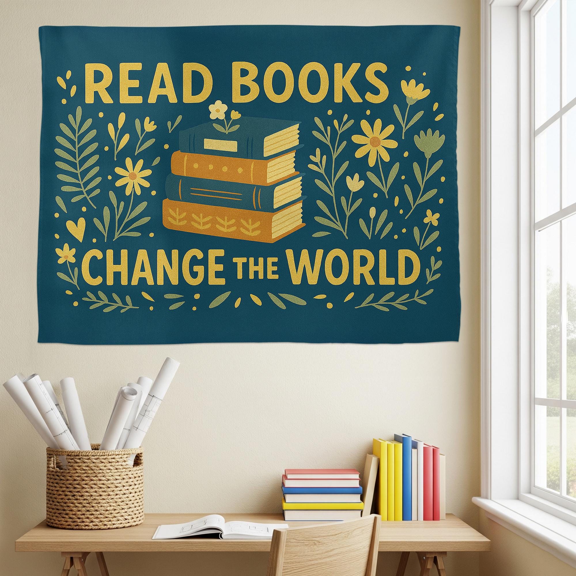 Read Books Change the World Tapestry – Book Lover Wall Hanging – Inspirational Library Decor for Classroom, Dorm, or Office