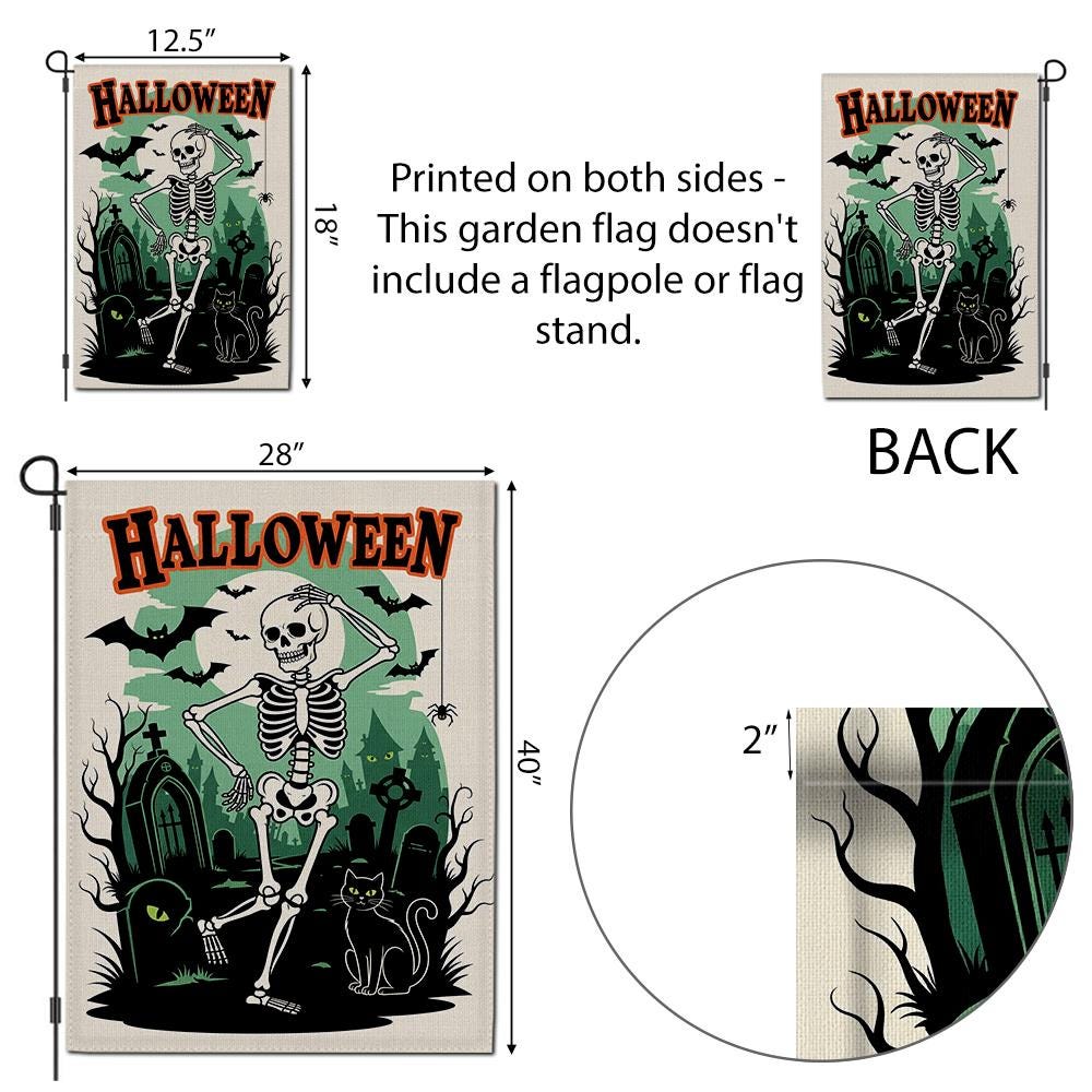 Dancing Skeleton Garden Flag, Funny Halloween Yard Decor, Spooky Graveyard Banner, Black Cat Outdoor Sign, Cute Haunted Flag