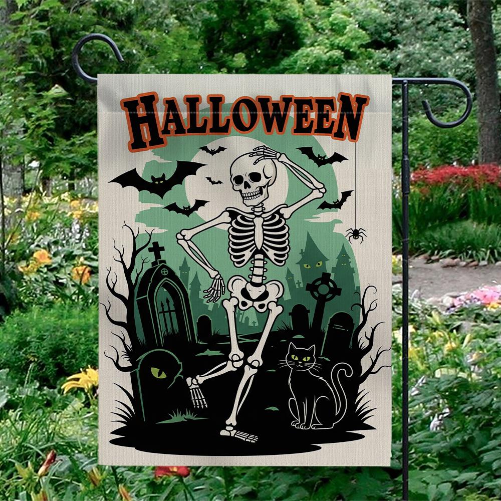 Dancing Skeleton Garden Flag, Funny Halloween Yard Decor, Spooky Graveyard Banner, Black Cat Outdoor Sign, Cute Haunted Flag