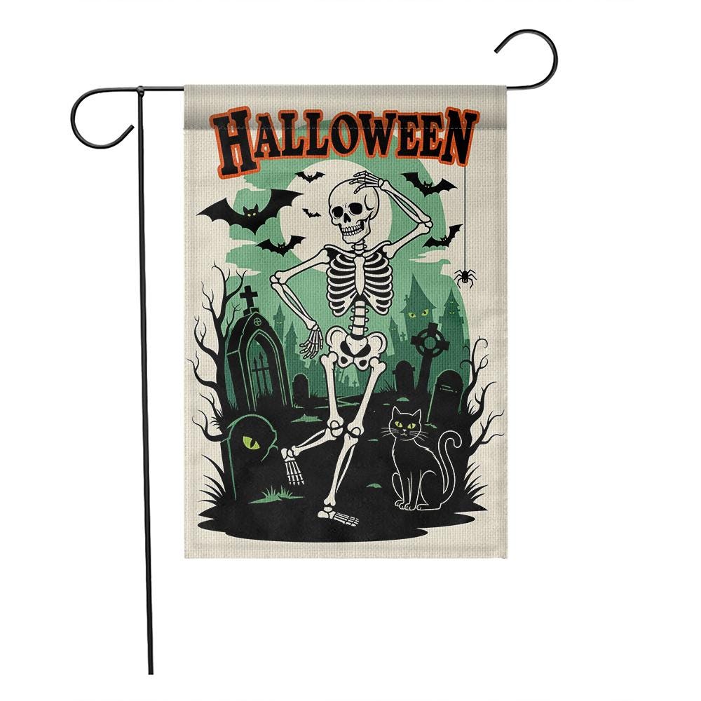 Dancing Skeleton Garden Flag, Funny Halloween Yard Decor, Spooky Graveyard Banner, Black Cat Outdoor Sign, Cute Haunted Flag