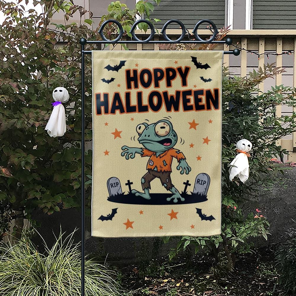 Funny Frog Halloween Garden Flag, Hoppy Halloween Yard Decor, Zombie Frog Outdoor Sign, Cute Spooky Fall Decoration, RIP Tombstones