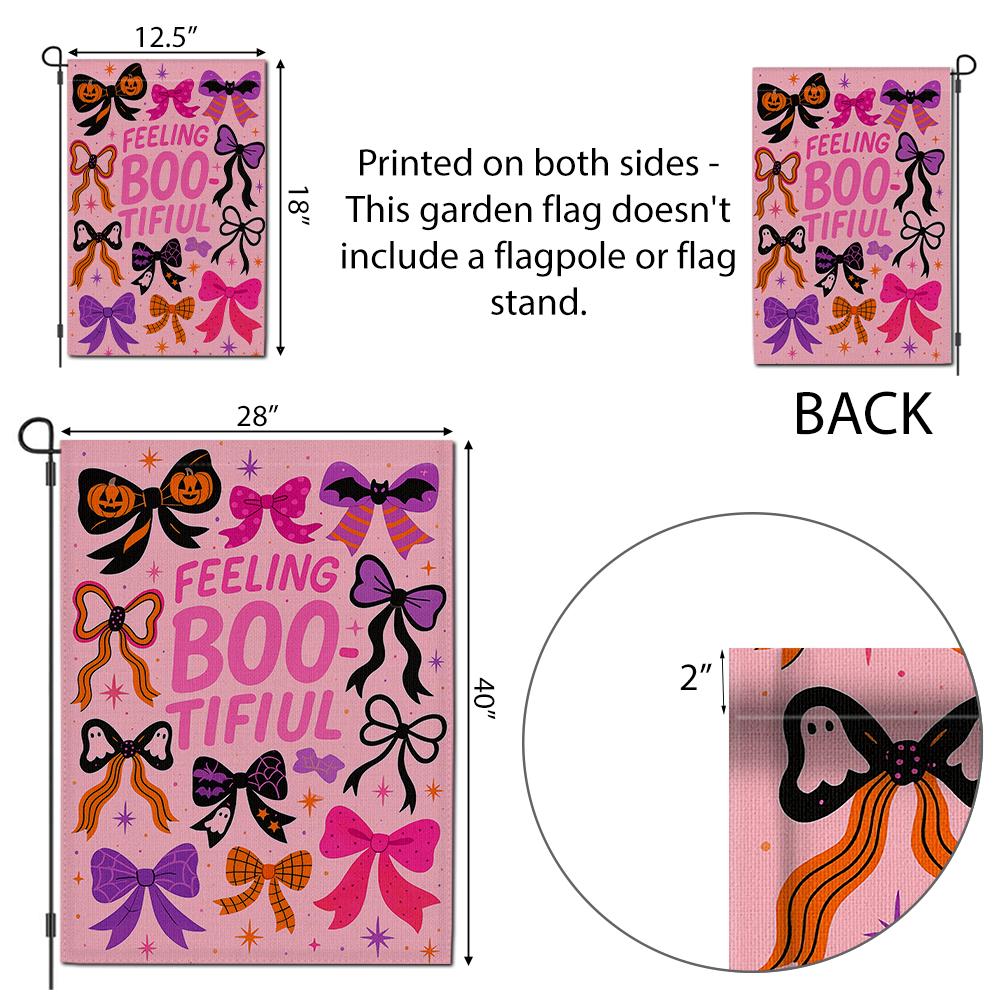 Feeling Bootiful Garden Flag, Cute Halloween Bow Yard Decor, Pink Spooky Outdoor Sign, Girly Ghost Fall Banner, Fun Holiday Flag