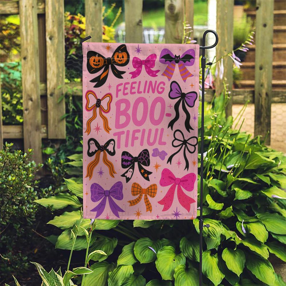 Feeling Bootiful Garden Flag, Cute Halloween Bow Yard Decor, Pink Spooky Outdoor Sign, Girly Ghost Fall Banner, Fun Holiday Flag