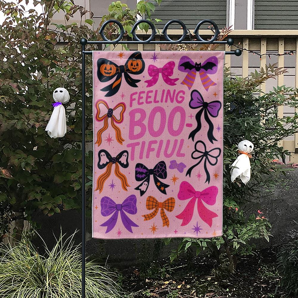 Feeling Bootiful Garden Flag, Cute Halloween Bow Yard Decor, Pink Spooky Outdoor Sign, Girly Ghost Fall Banner, Fun Holiday Flag