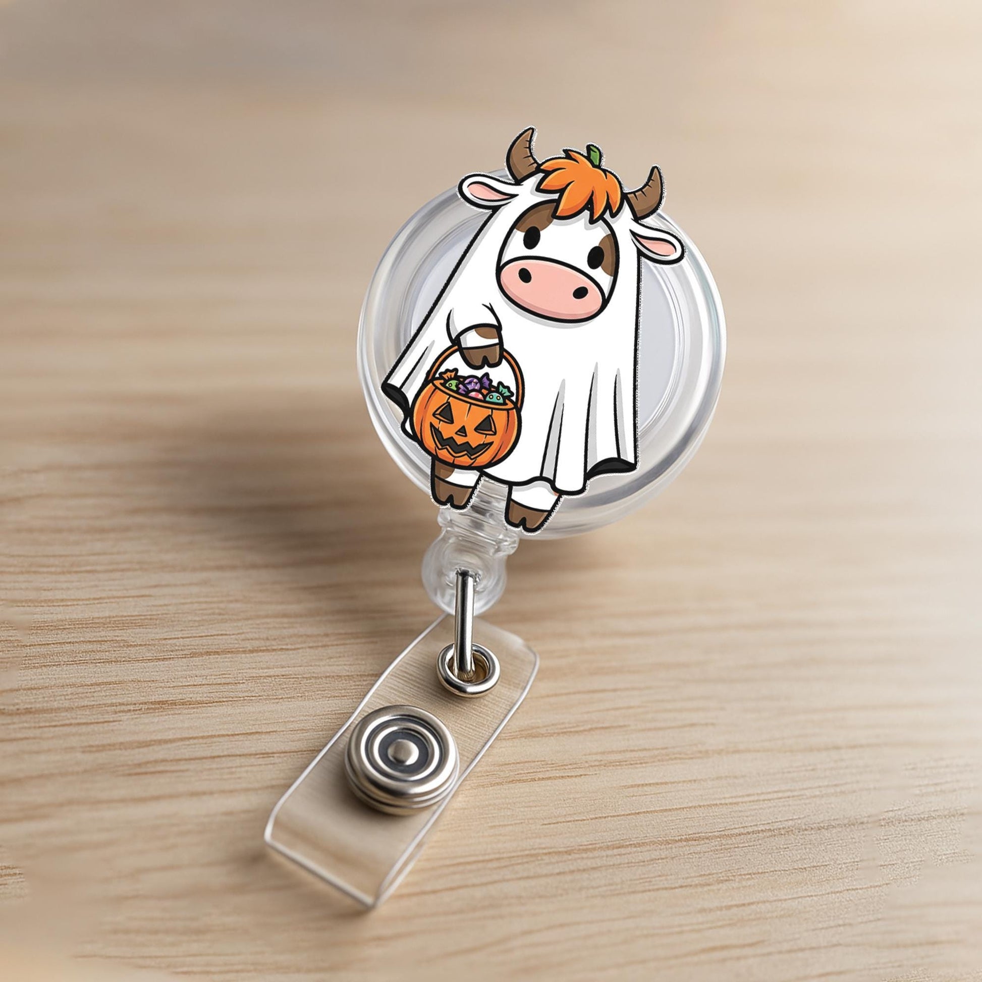 Cute Halloween Cow Badge Reel, Ghost Cow ID Holder, Trick or Treat Nurse Badge Clip, Fall Accessory for Vet Tech, Fun Work Lanyard