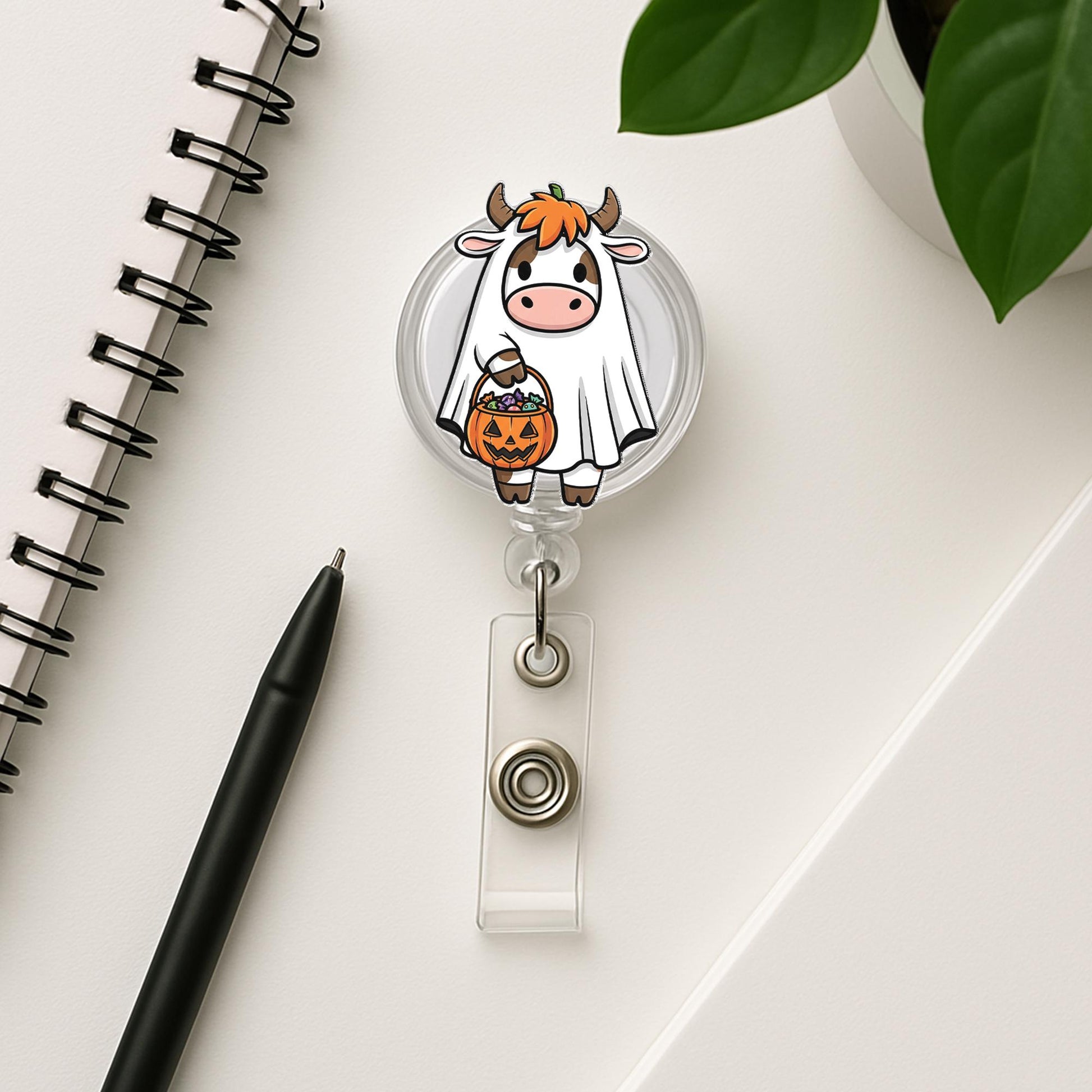 Cute Halloween Cow Badge Reel, Ghost Cow ID Holder, Trick or Treat Nurse Badge Clip, Fall Accessory for Vet Tech, Fun Work Lanyard