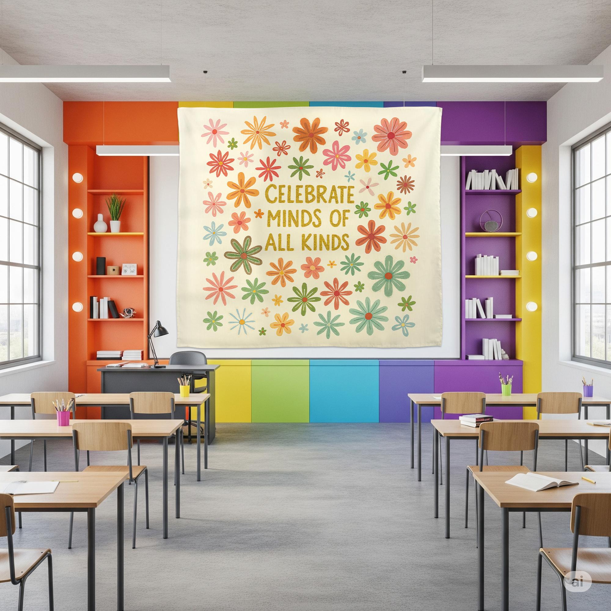 Celebrate Minds of All Kinds Classroom Banner, Inclusive School Wall Decor, Colorful Teacher Tapestry, Mental Health Awareness Sign