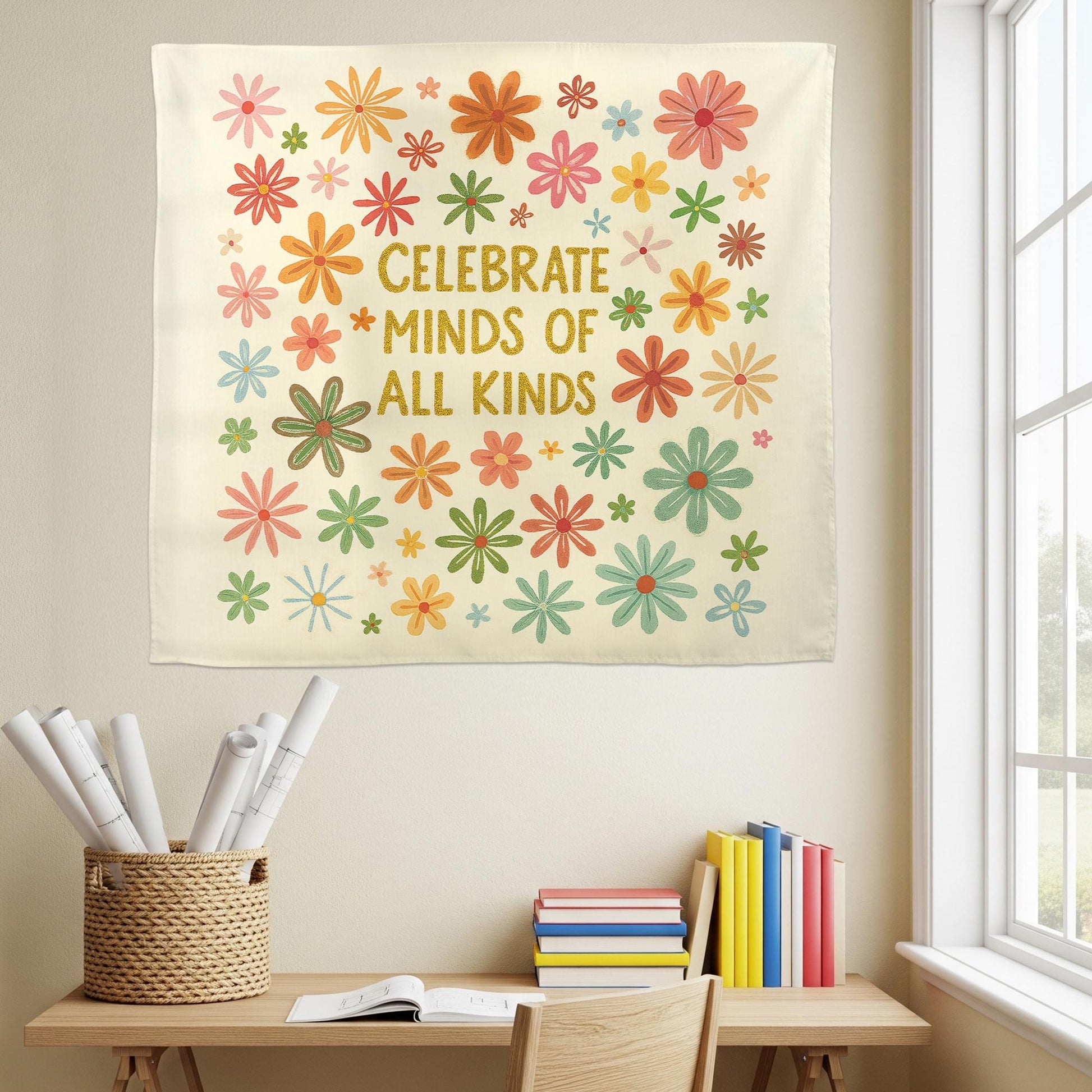 Celebrate Minds of All Kinds Classroom Banner, Inclusive School Wall Decor, Colorful Teacher Tapestry, Mental Health Awareness Sign