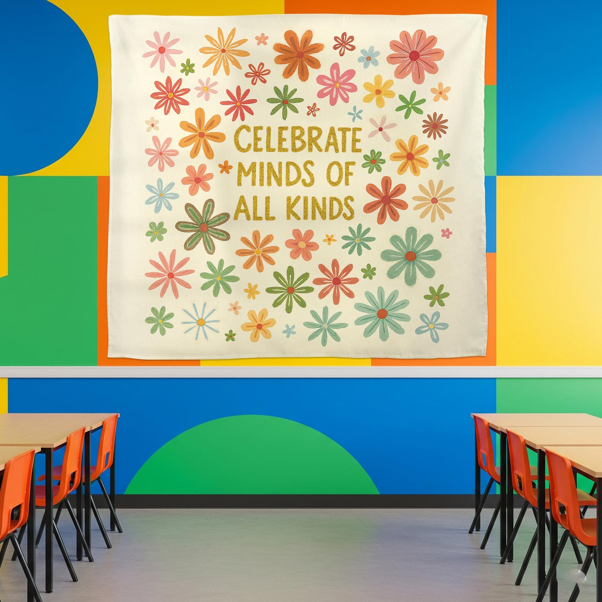 Celebrate Minds of All Kinds Classroom Banner, Inclusive School Wall Decor, Colorful Teacher Tapestry, Mental Health Awareness Sign