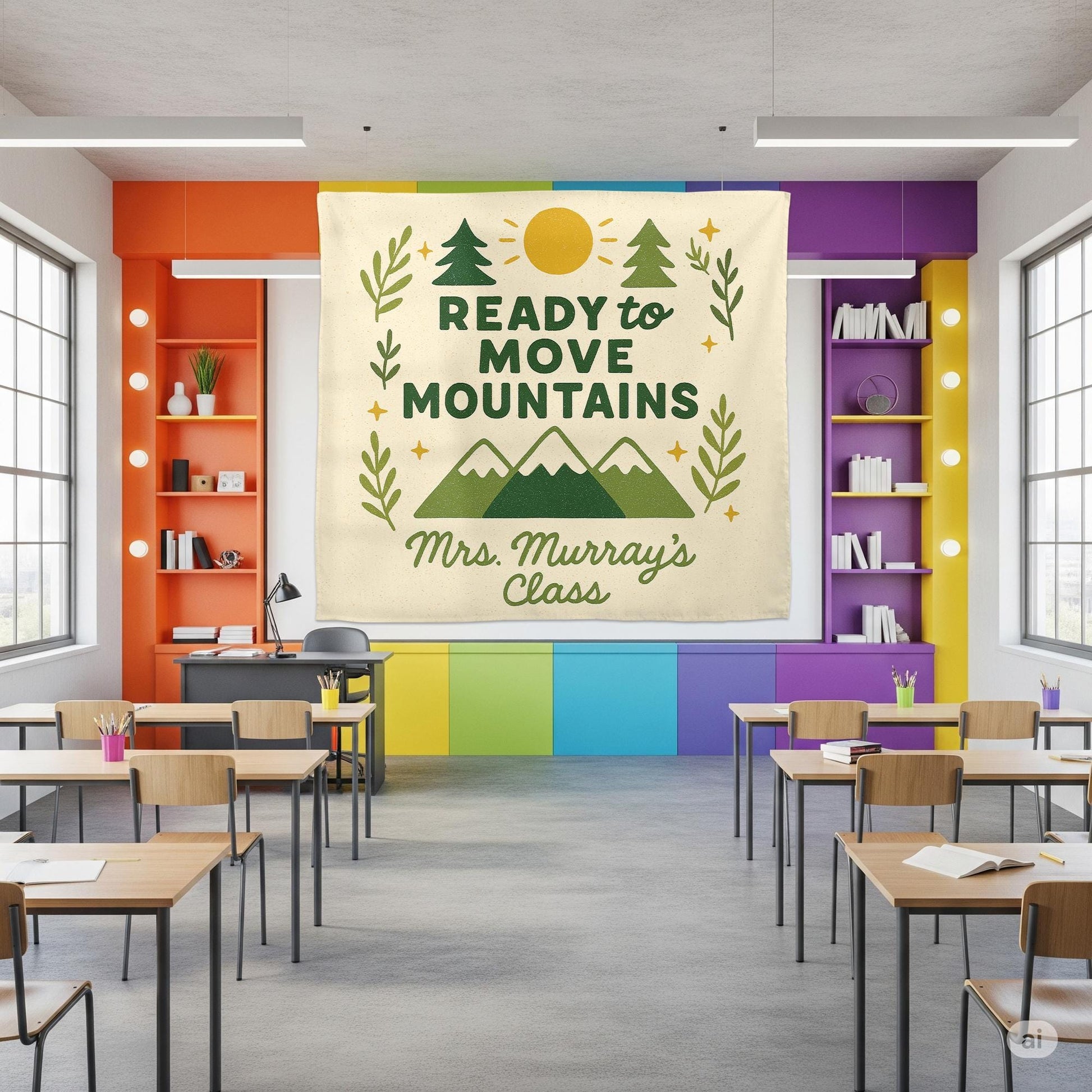 Ready to Move Mountains Classroom Banner, Personalized Teacher Wall Decor, Motivational School Tapestry for Classroom, Teachers Tapestry