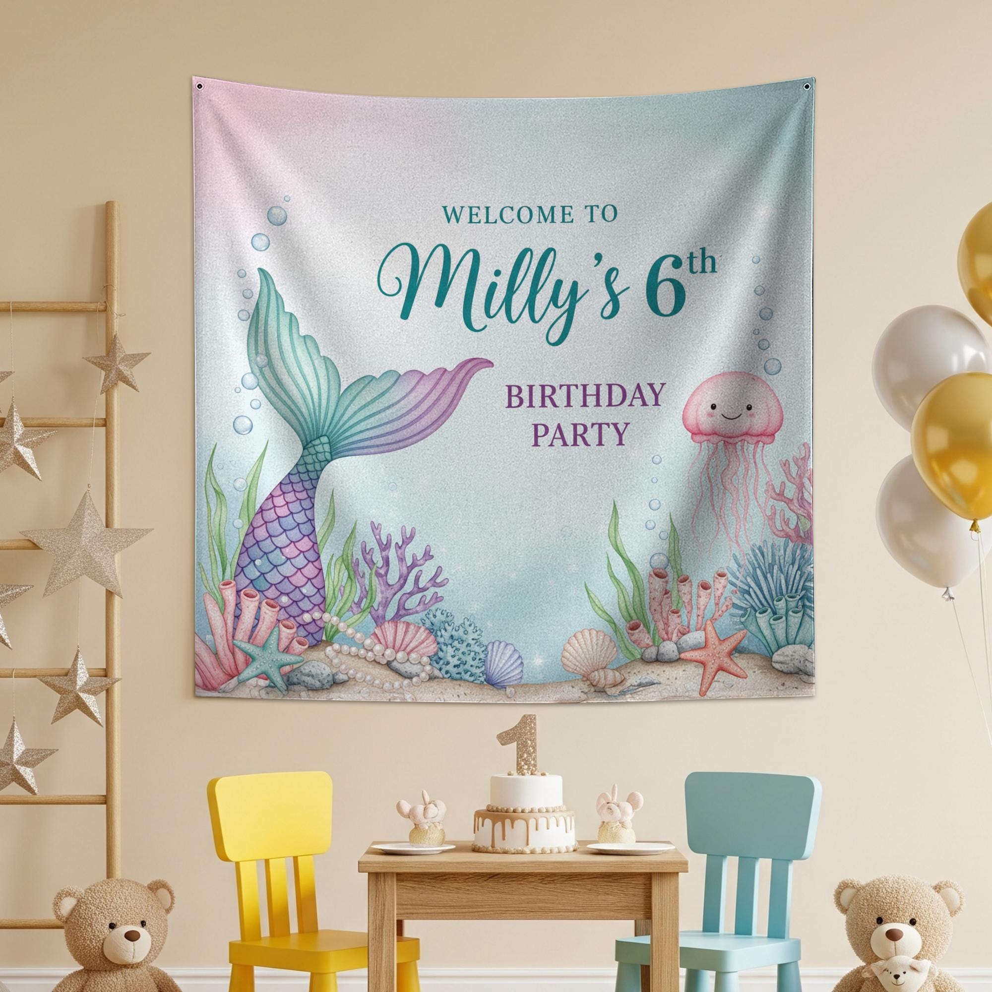 Mermaid Birthday Banner, Under the Sea Party Backdrop, Personalized Kids Birthday Decoration, Ocean Theme Tapestry, Birthday Tapestry Decor