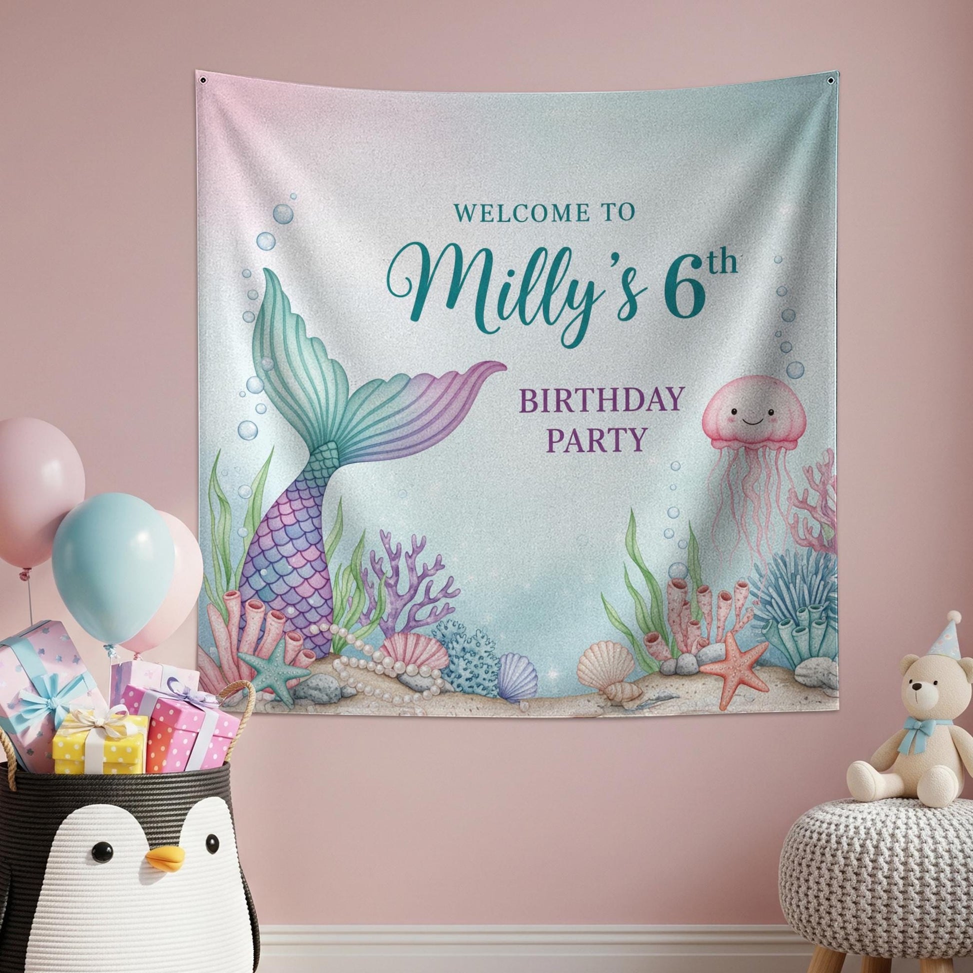 Mermaid Birthday Banner, Under the Sea Party Backdrop, Personalized Kids Birthday Decoration, Ocean Theme Tapestry, Birthday Tapestry Decor