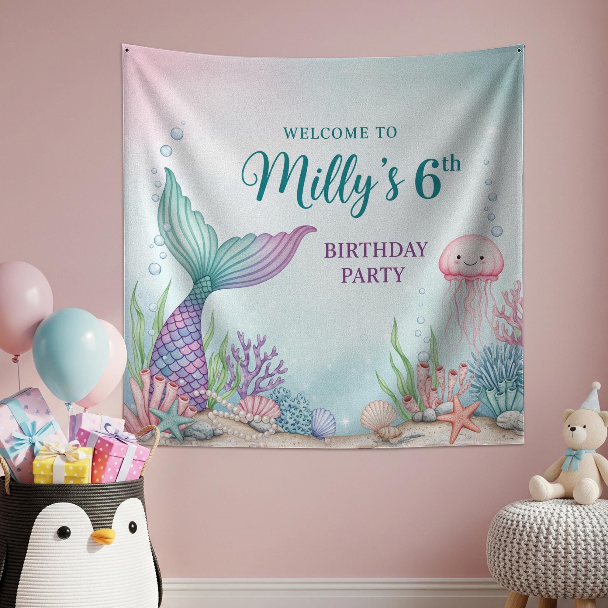 Mermaid Birthday Banner, Under the Sea Party Backdrop, Personalized Kids Birthday Decoration, Ocean Theme Tapestry, Birthday Tapestry Decor