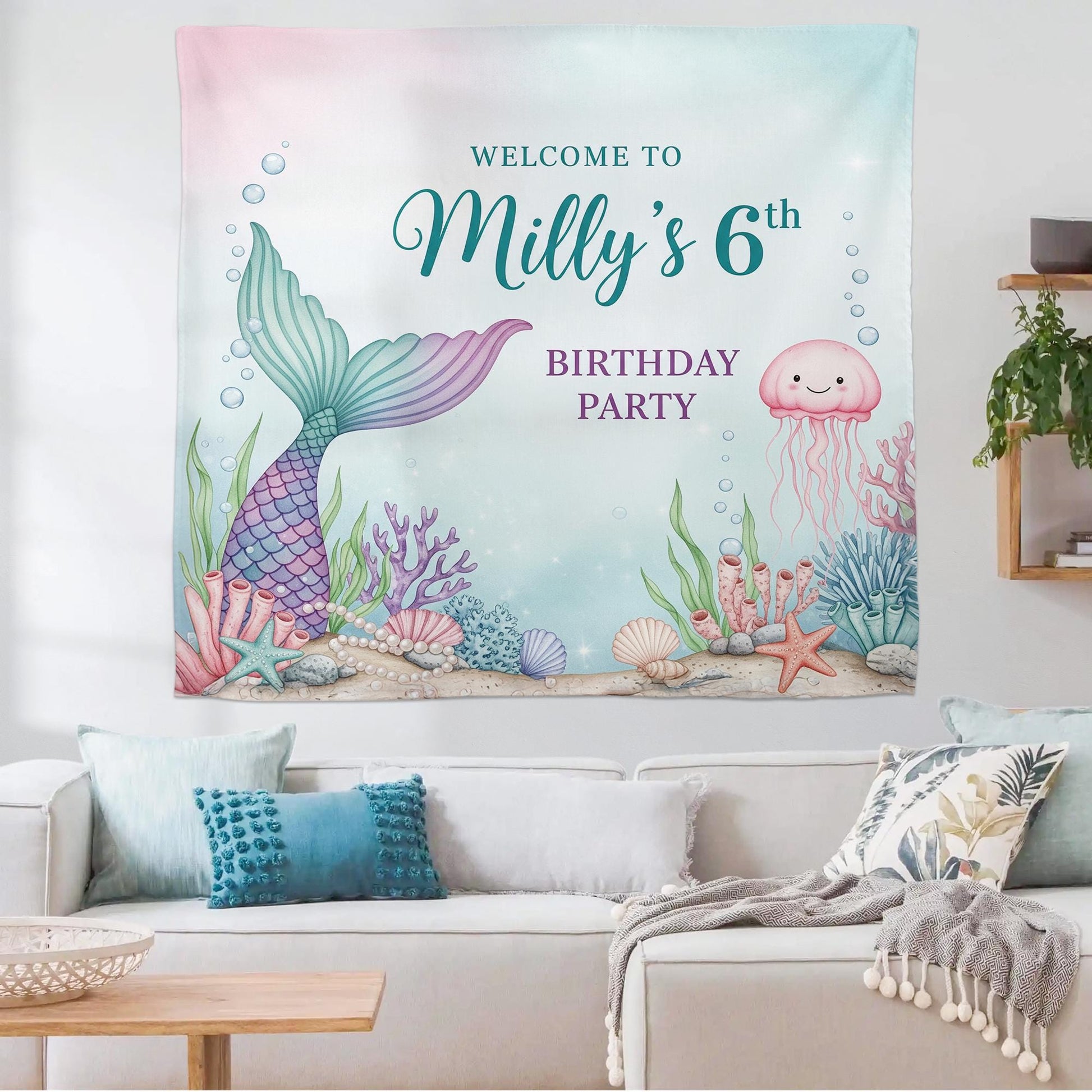 Mermaid Birthday Banner, Under the Sea Party Backdrop, Personalized Kids Birthday Decoration, Ocean Theme Tapestry, Birthday Tapestry Decor