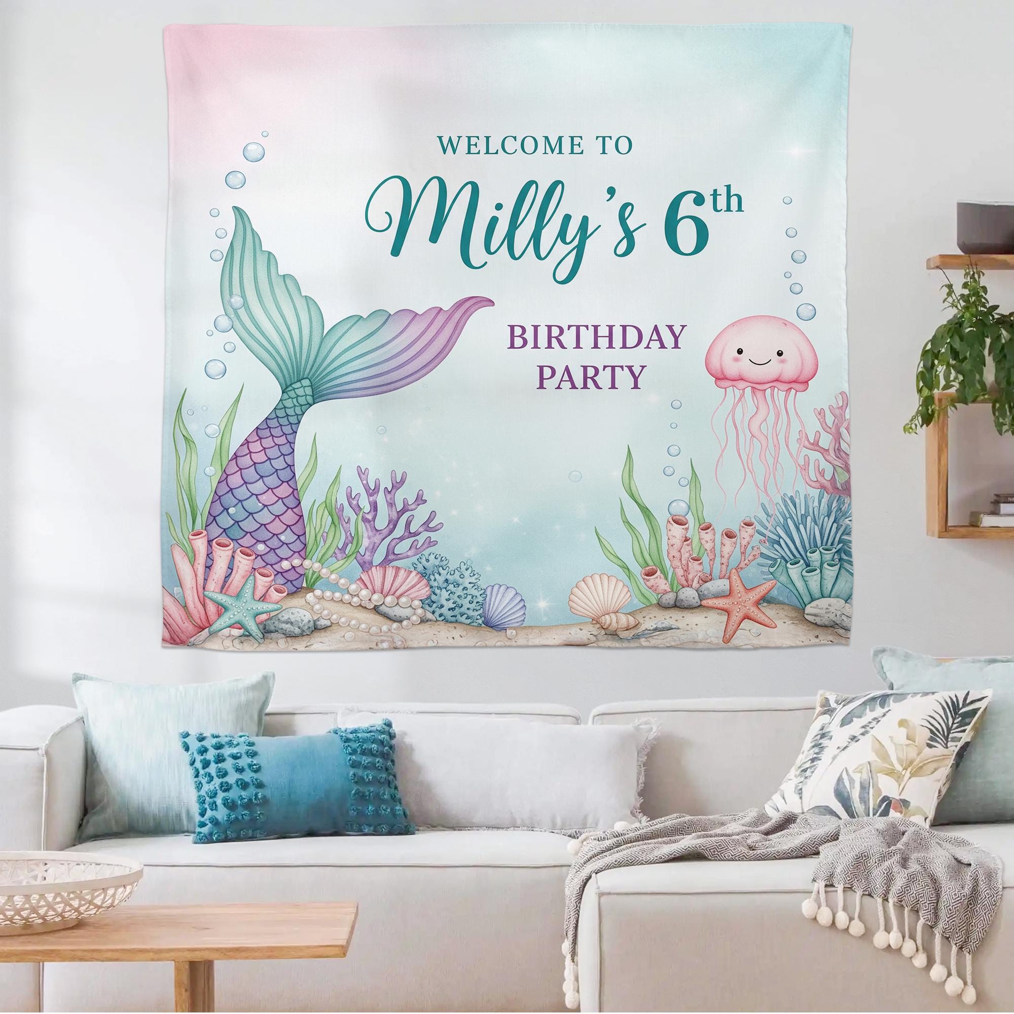 Mermaid Birthday Banner, Under the Sea Party Backdrop, Personalized Kids Birthday Decoration, Ocean Theme Tapestry, Birthday Tapestry Decor