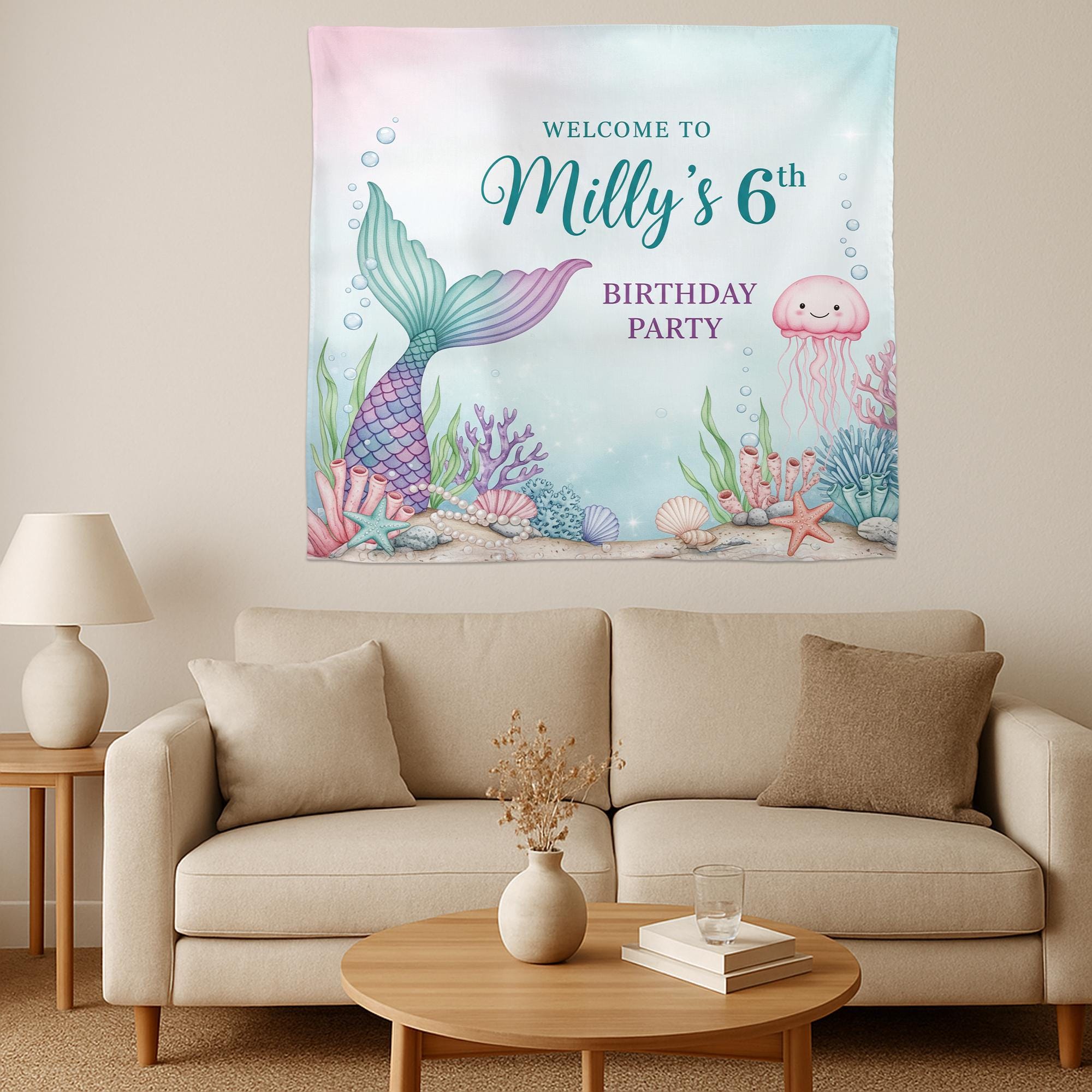 Mermaid Birthday Banner, Under the Sea Party Backdrop, Personalized Kids Birthday Decoration, Ocean Theme Tapestry, Birthday Tapestry Decor