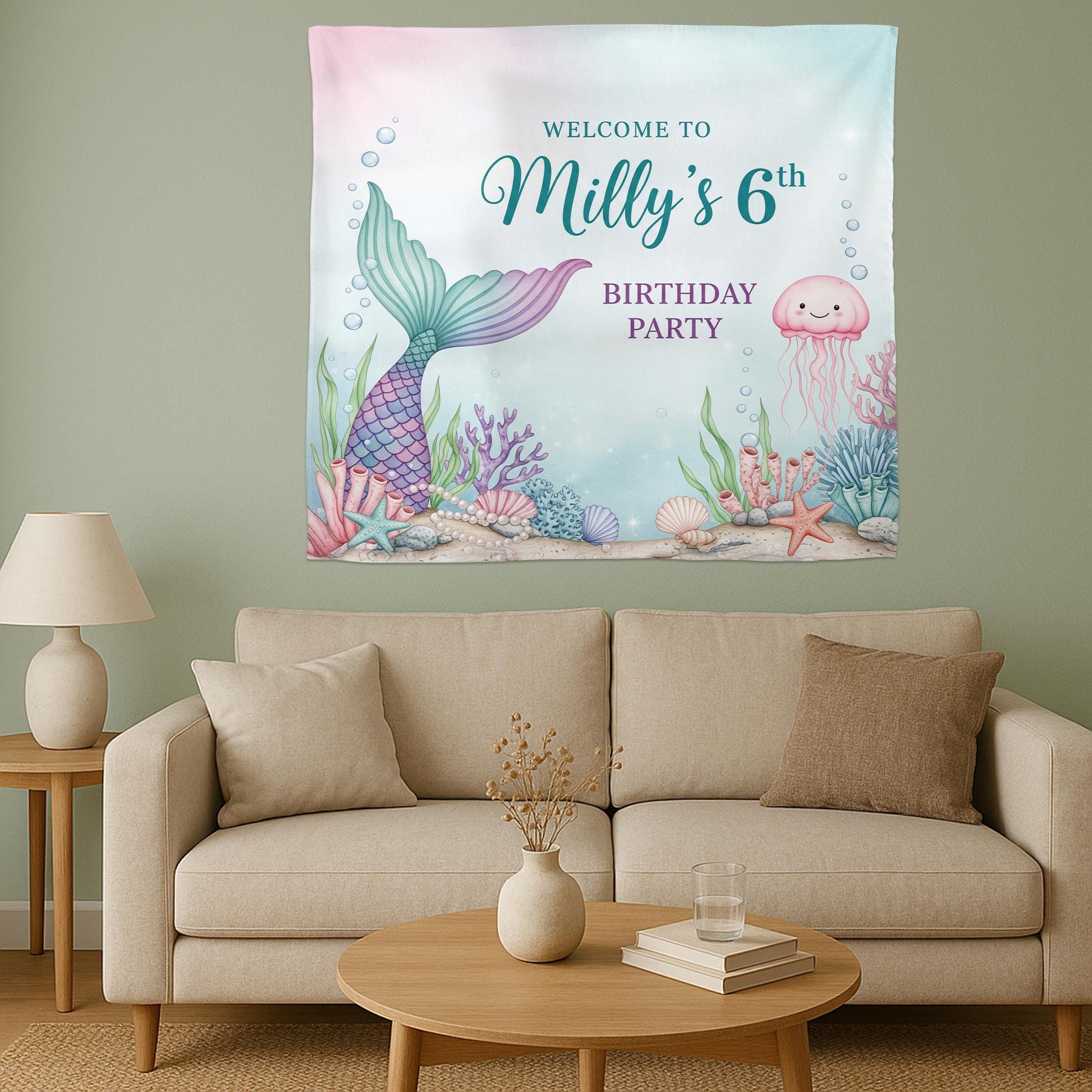 Mermaid Birthday Banner, Under the Sea Party Backdrop, Personalized Kids Birthday Decoration, Ocean Theme Tapestry, Birthday Tapestry Decor