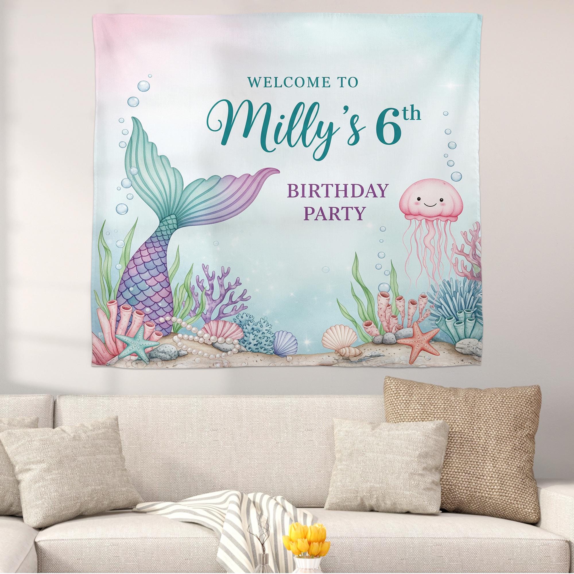 Mermaid Birthday Banner, Under the Sea Party Backdrop, Personalized Kids Birthday Decoration, Ocean Theme Tapestry, Birthday Tapestry Decor