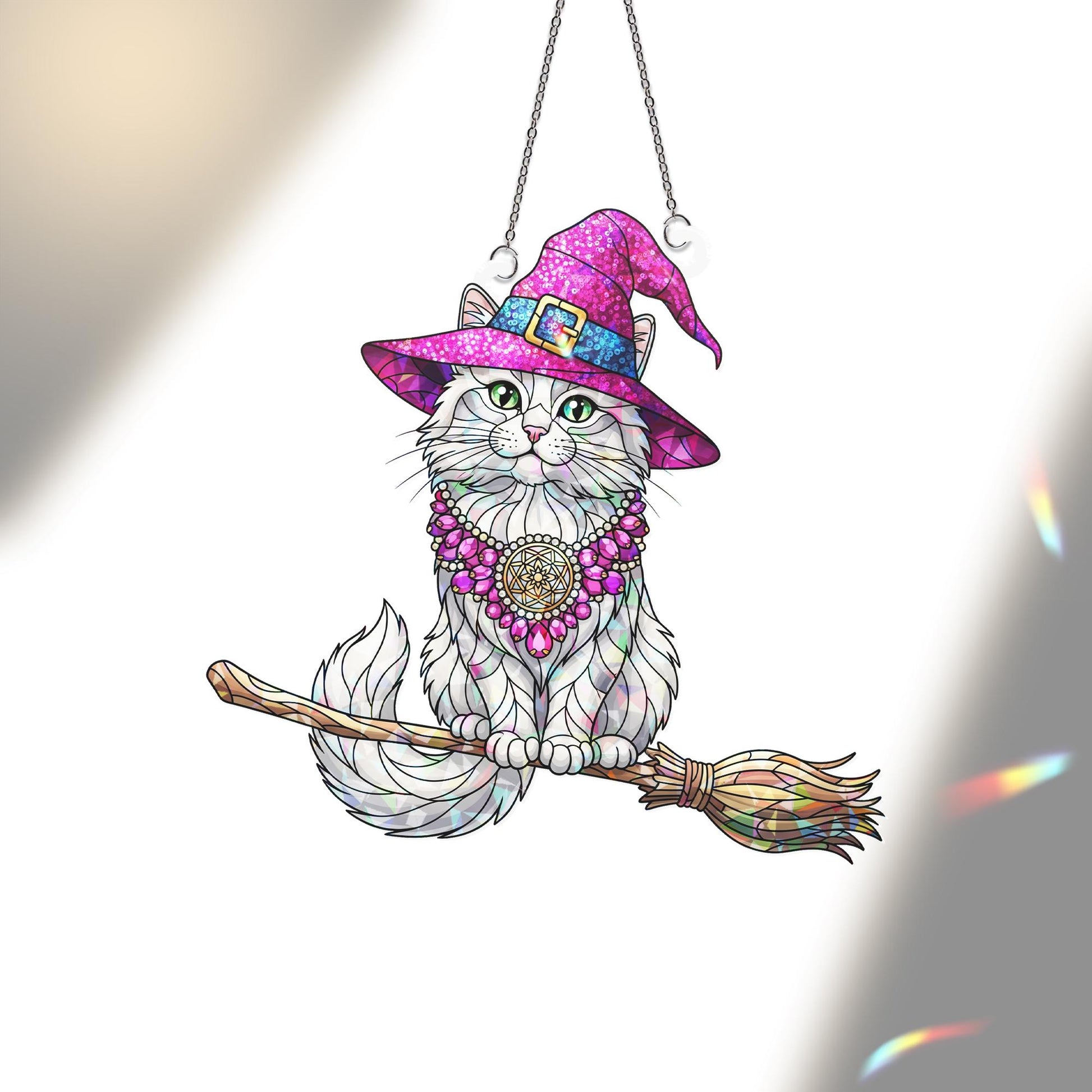 Witch Cat Holographic Window Hanging | Faux Stained Glass Halloween Decor | Magical Cat Suncatcher | Witchy Gift for Cat Lovers