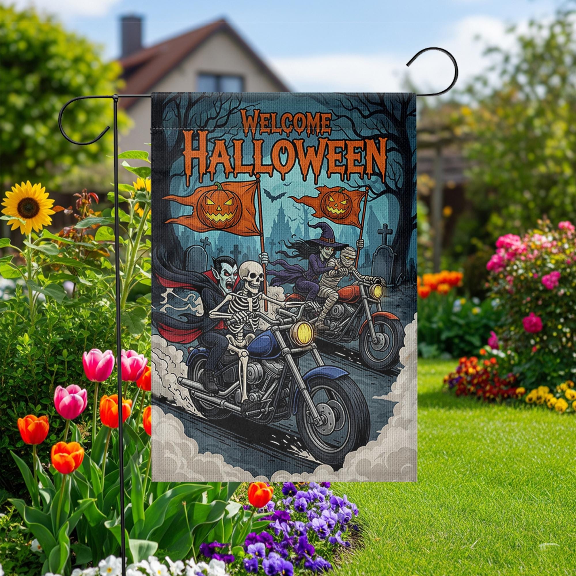 Halloween Biker Garden Flag – Skeleton & Vampire Motorcycle Yard Decor – Spooky Outdoor Welcome Sign for Fall