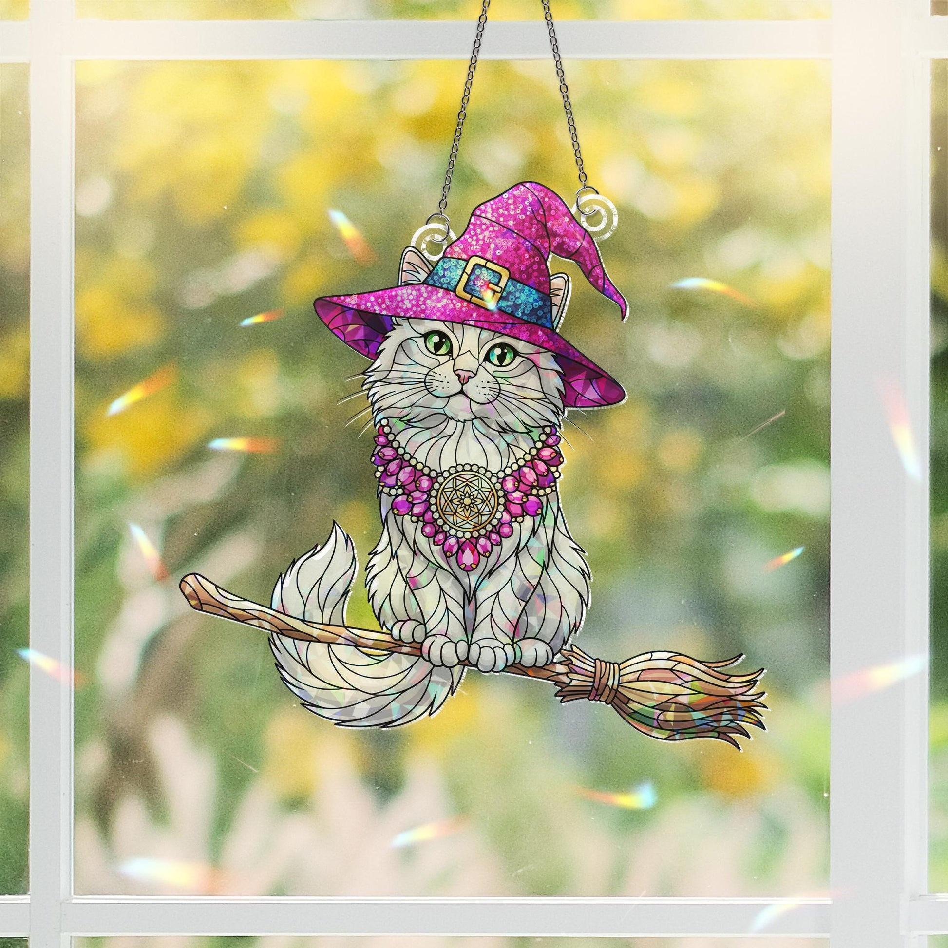 Witch Cat Holographic Window Hanging | Faux Stained Glass Halloween Decor | Magical Cat Suncatcher | Witchy Gift for Cat Lovers