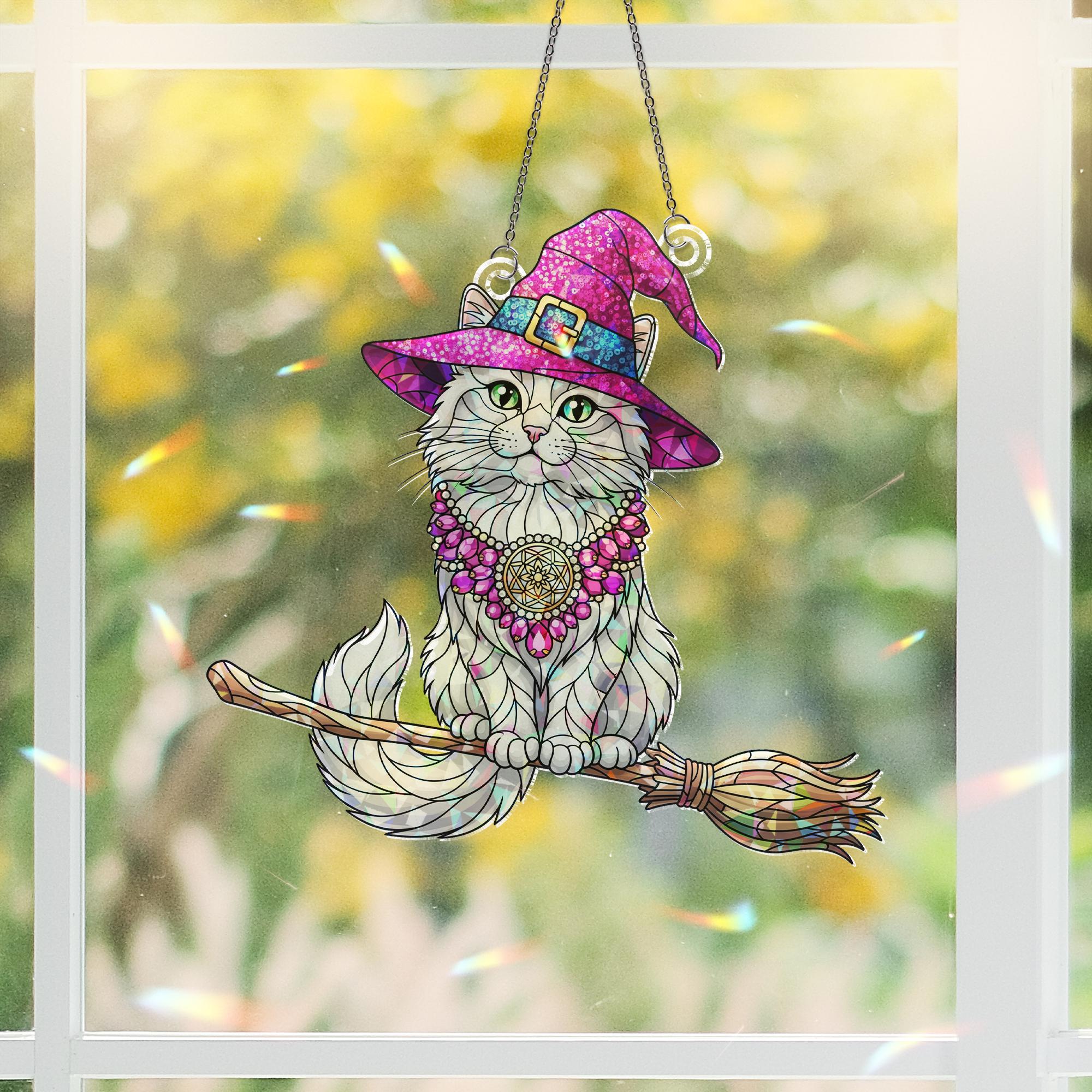 Witch Cat Holographic Window Hanging | Faux Stained Glass Halloween Decor | Magical Cat Suncatcher | Witchy Gift for Cat Lovers