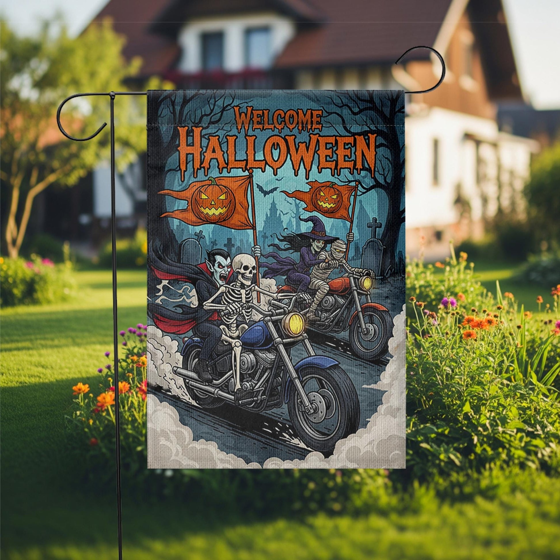 Halloween Biker Garden Flag – Skeleton & Vampire Motorcycle Yard Decor – Spooky Outdoor Welcome Sign for Fall