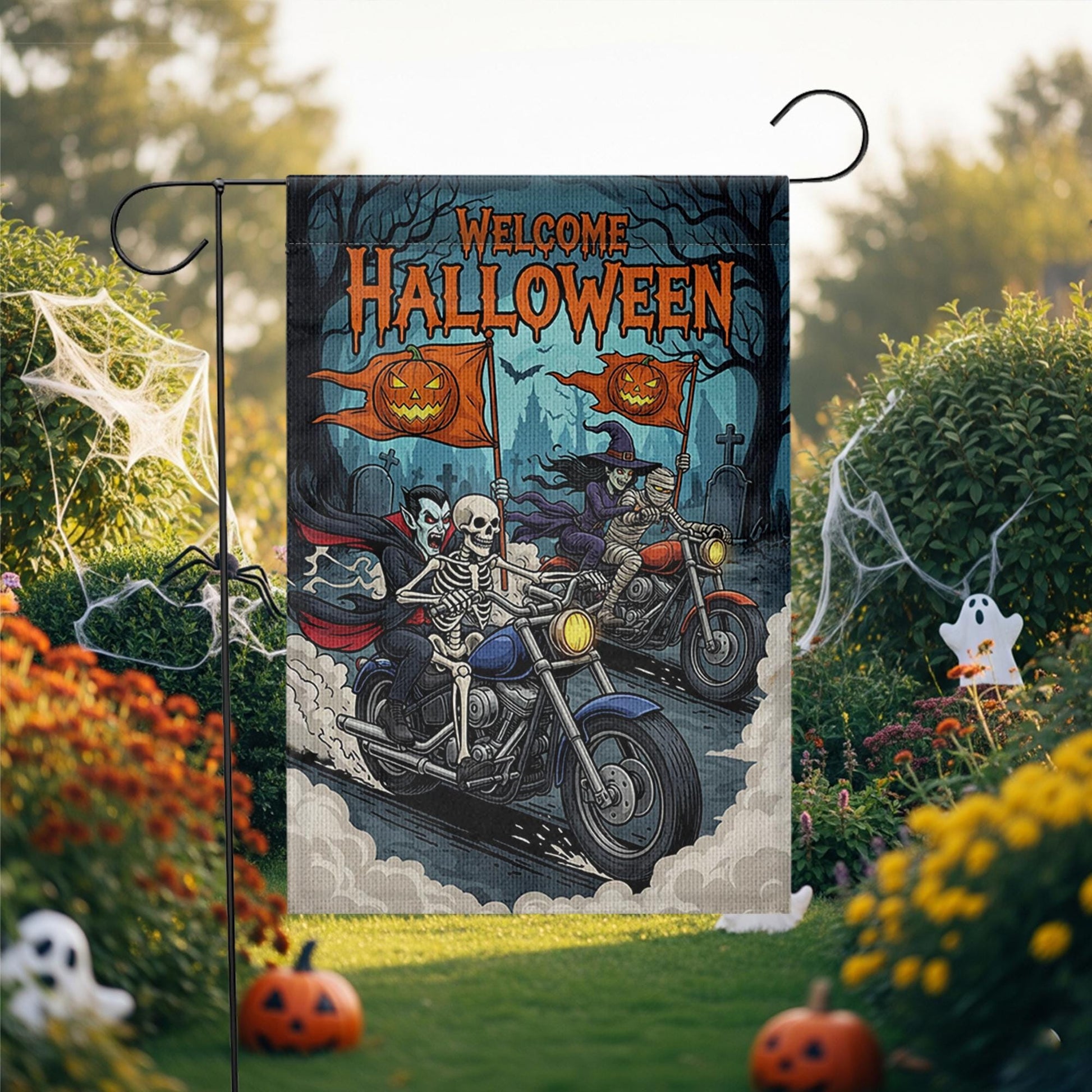Halloween Biker Garden Flag – Skeleton & Vampire Motorcycle Yard Decor – Spooky Outdoor Welcome Sign for Fall