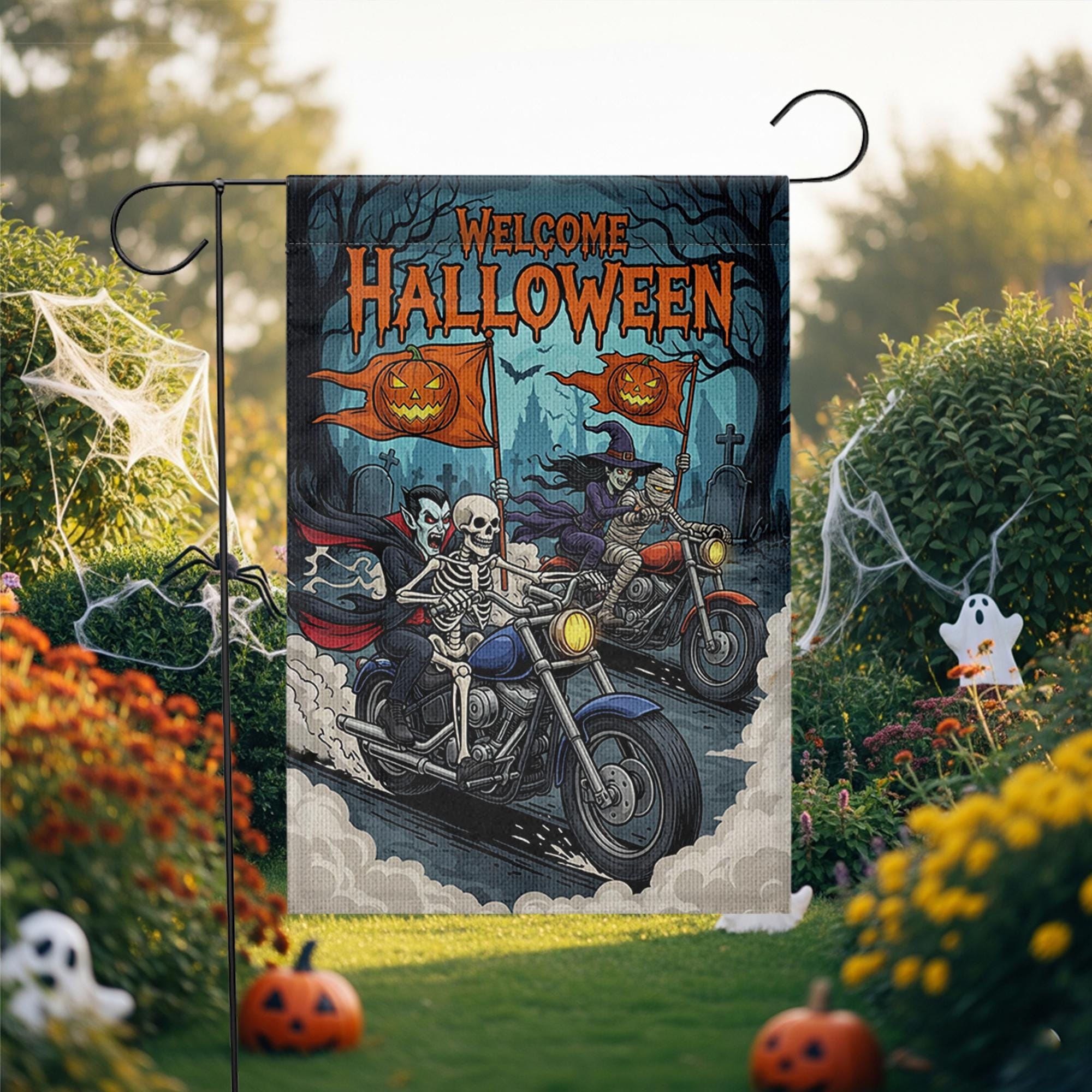Halloween Biker Garden Flag – Skeleton & Vampire Motorcycle Yard Decor – Spooky Outdoor Welcome Sign for Fall
