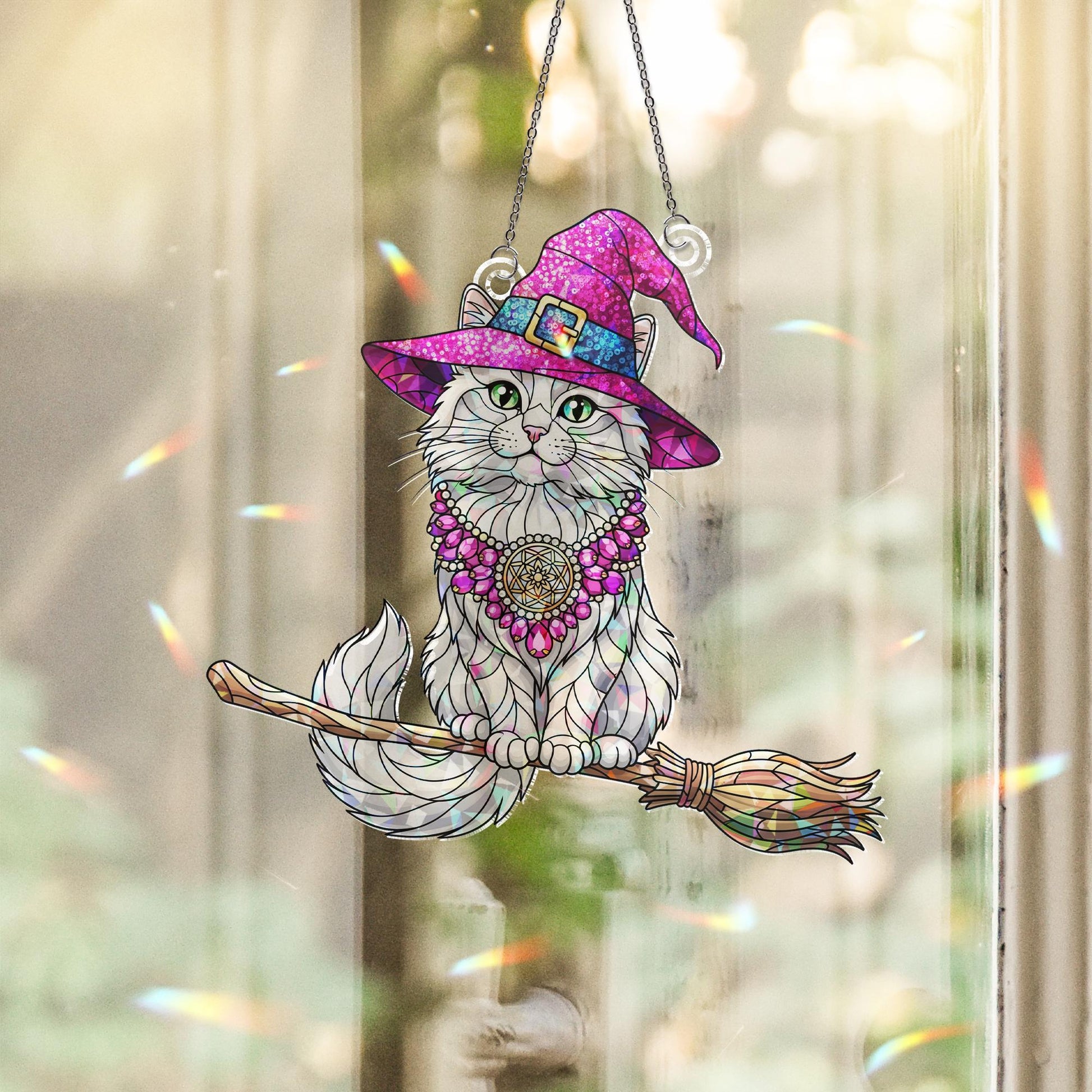 Witch Cat Holographic Window Hanging | Faux Stained Glass Halloween Decor | Magical Cat Suncatcher | Witchy Gift for Cat Lovers