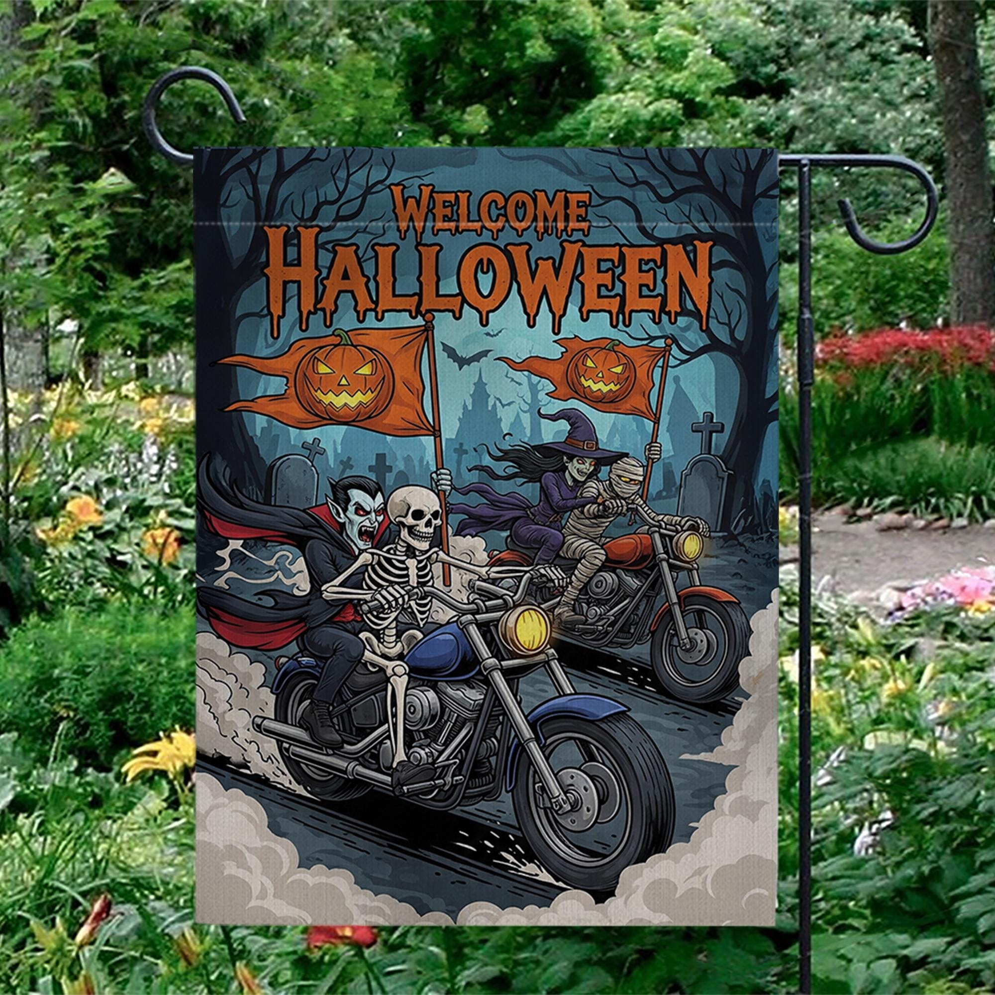 Halloween Biker Garden Flag – Skeleton & Vampire Motorcycle Yard Decor – Spooky Outdoor Welcome Sign for Fall