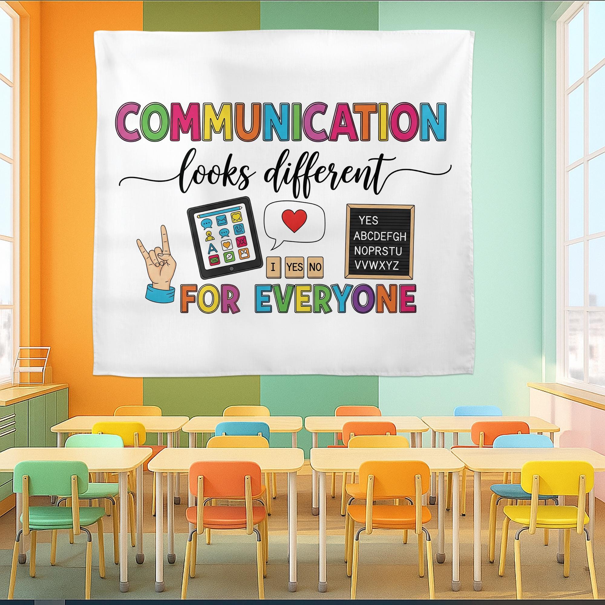 Communication Looks Different Banner, Inclusive Classroom Decor, AAC Sign Language Poster, Special Education Wall Tapestry, Autism Tapestry
