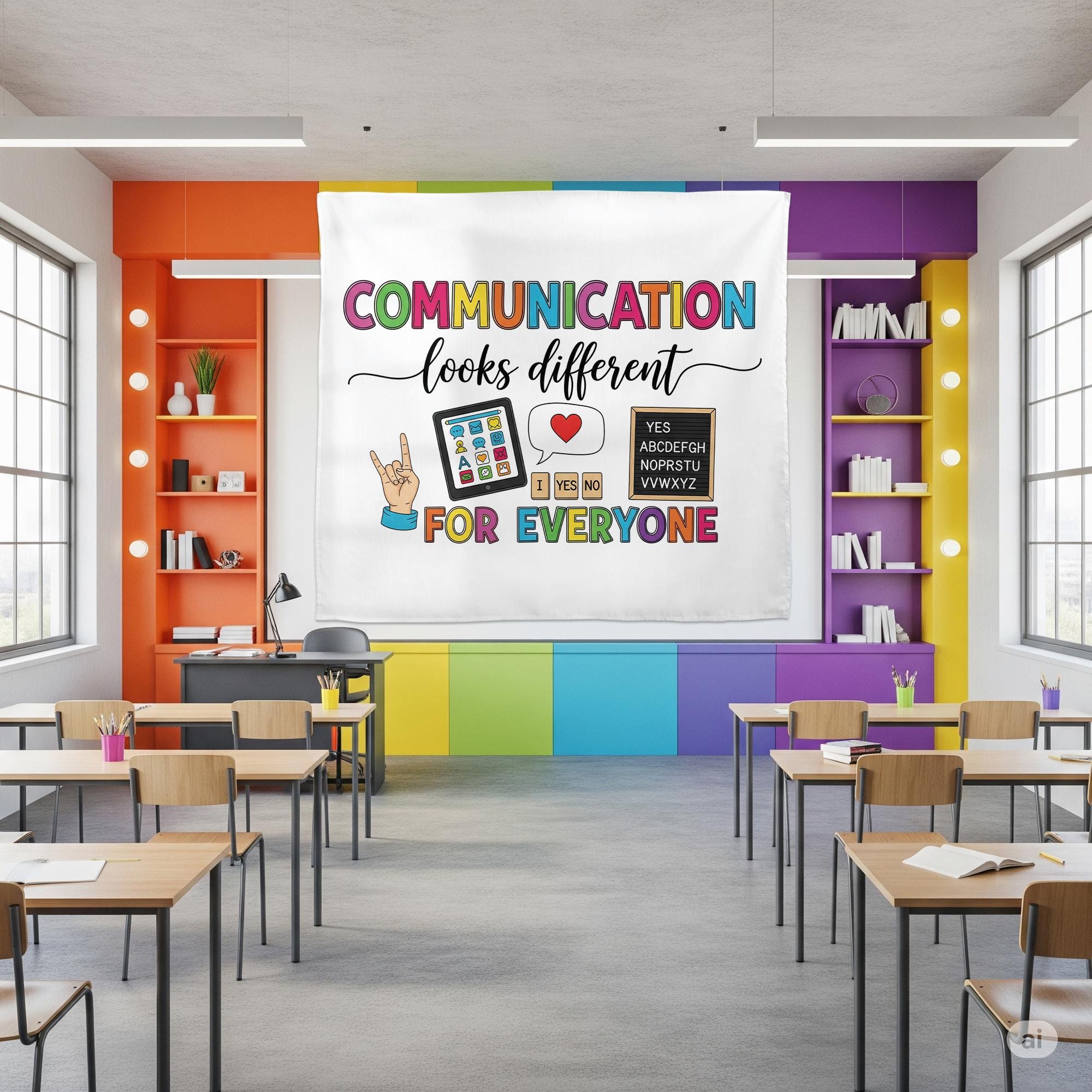 Communication Looks Different Banner, Inclusive Classroom Decor, AAC Sign Language Poster, Special Education Wall Tapestry, Autism Tapestry
