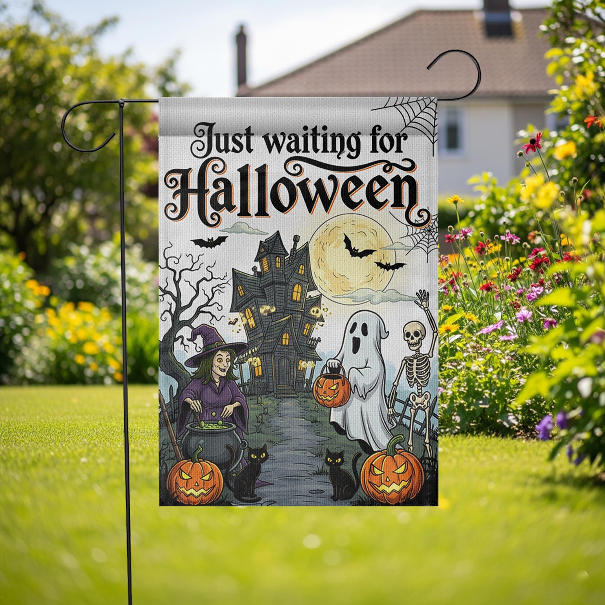 Just Waiting for Halloween Flag, Spooky Garden Decor, Haunted House Yard Sign, Ghost Witch Skeleton Banner, Fall Outdoor Decoration