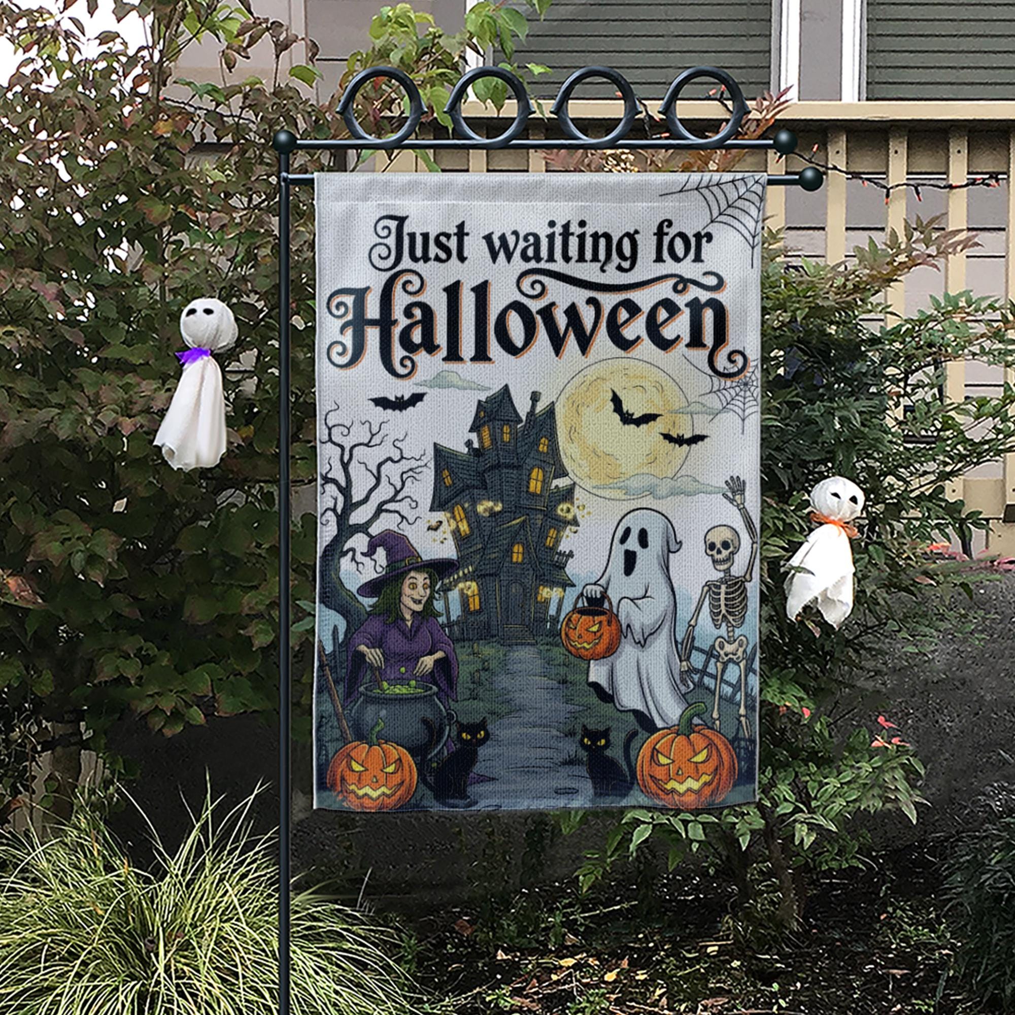 Just Waiting for Halloween Flag, Spooky Garden Decor, Haunted House Yard Sign, Ghost Witch Skeleton Banner, Fall Outdoor Decoration