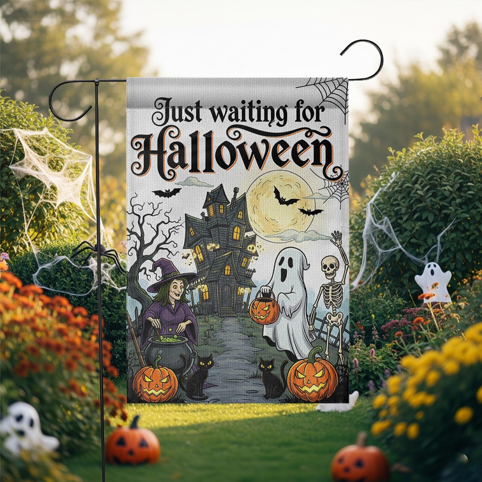 Just Waiting for Halloween Flag, Spooky Garden Decor, Haunted House Yard Sign, Ghost Witch Skeleton Banner, Fall Outdoor Decoration