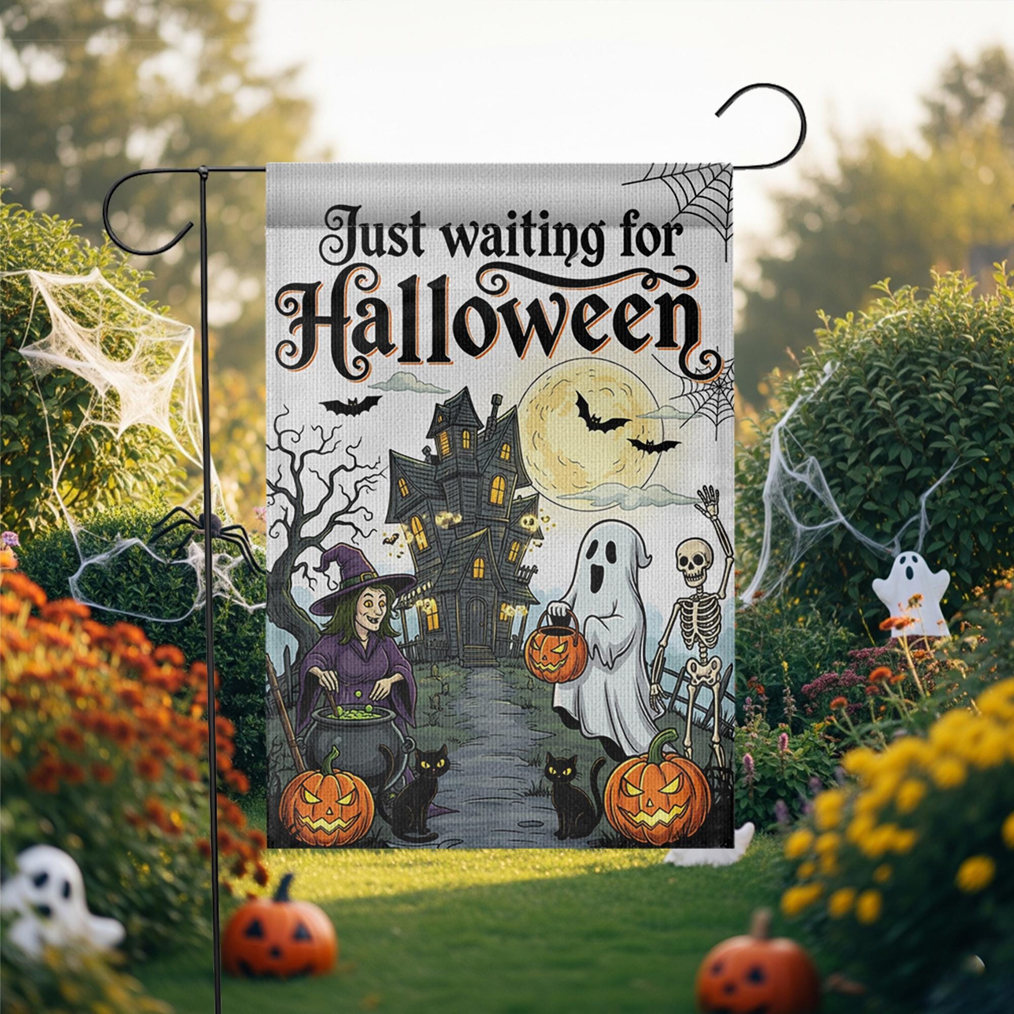 Just Waiting for Halloween Flag, Spooky Garden Decor, Haunted House Yard Sign, Ghost Witch Skeleton Banner, Fall Outdoor Decoration