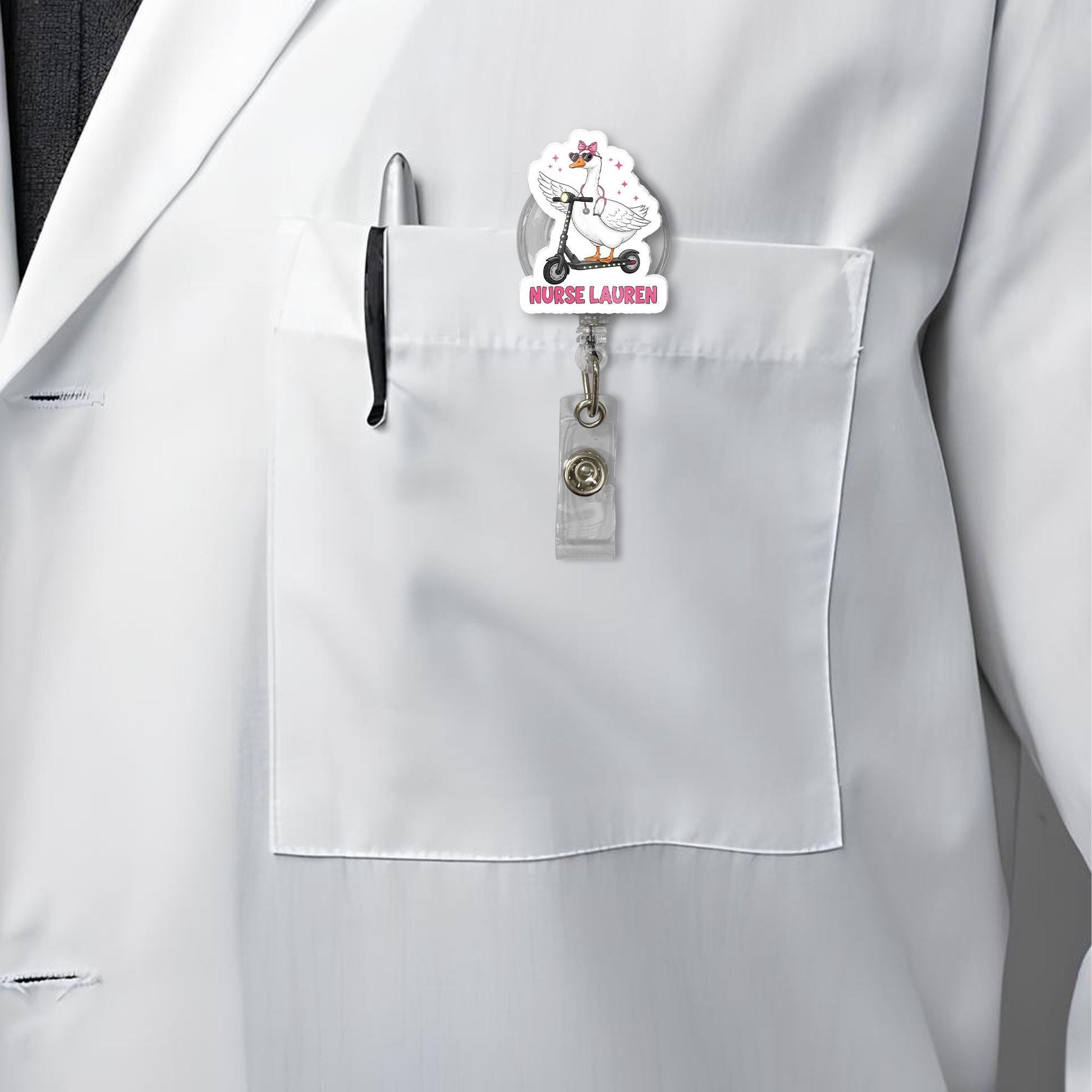 Custom Name Nurse Badge Reel | Funny Goose on Scooter ID Holder | Personalized RN Clip | Cute Medical Gift for Nurses and Healthcare Staff