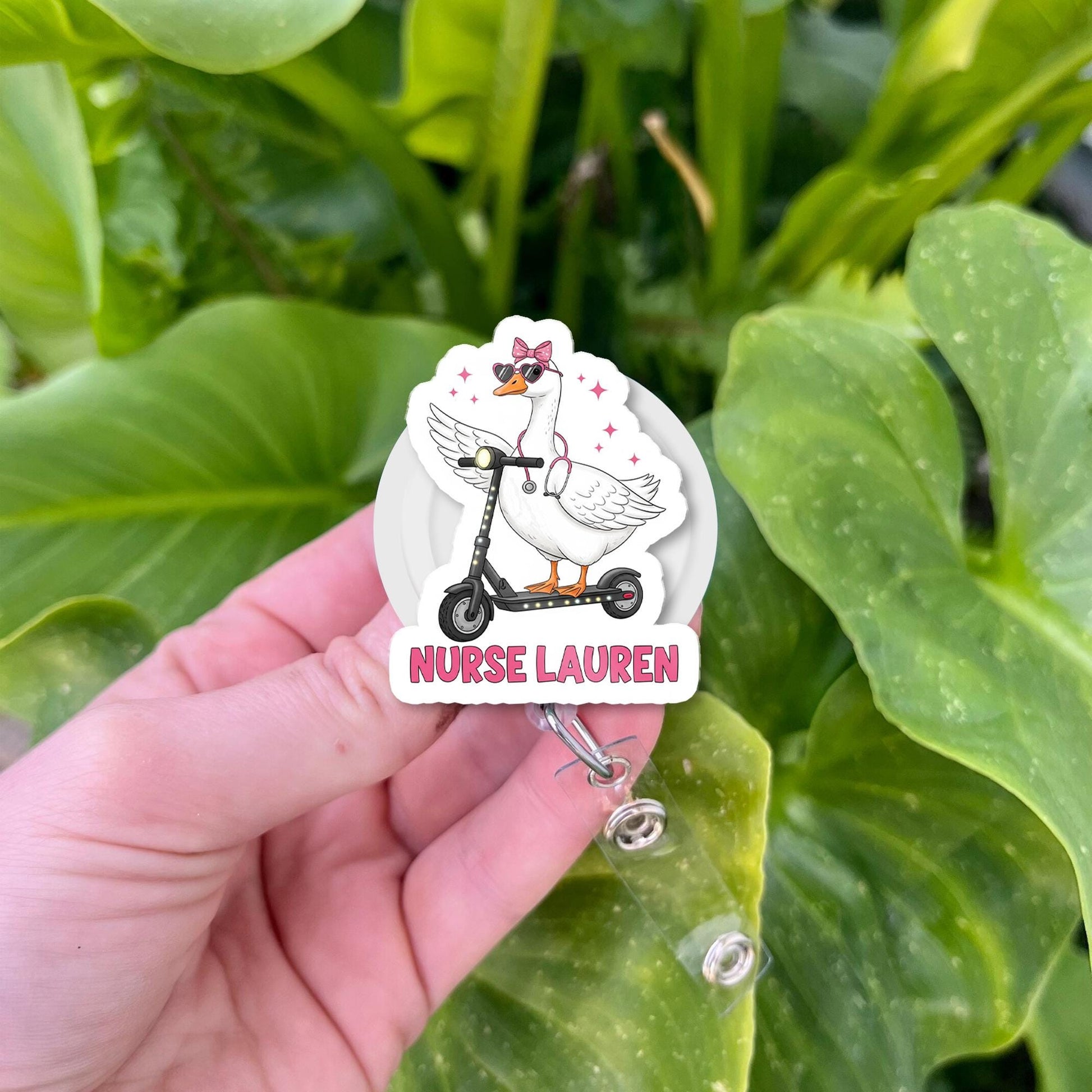 Custom Name Nurse Badge Reel | Funny Goose on Scooter ID Holder | Personalized RN Clip | Cute Medical Gift for Nurses and Healthcare Staff