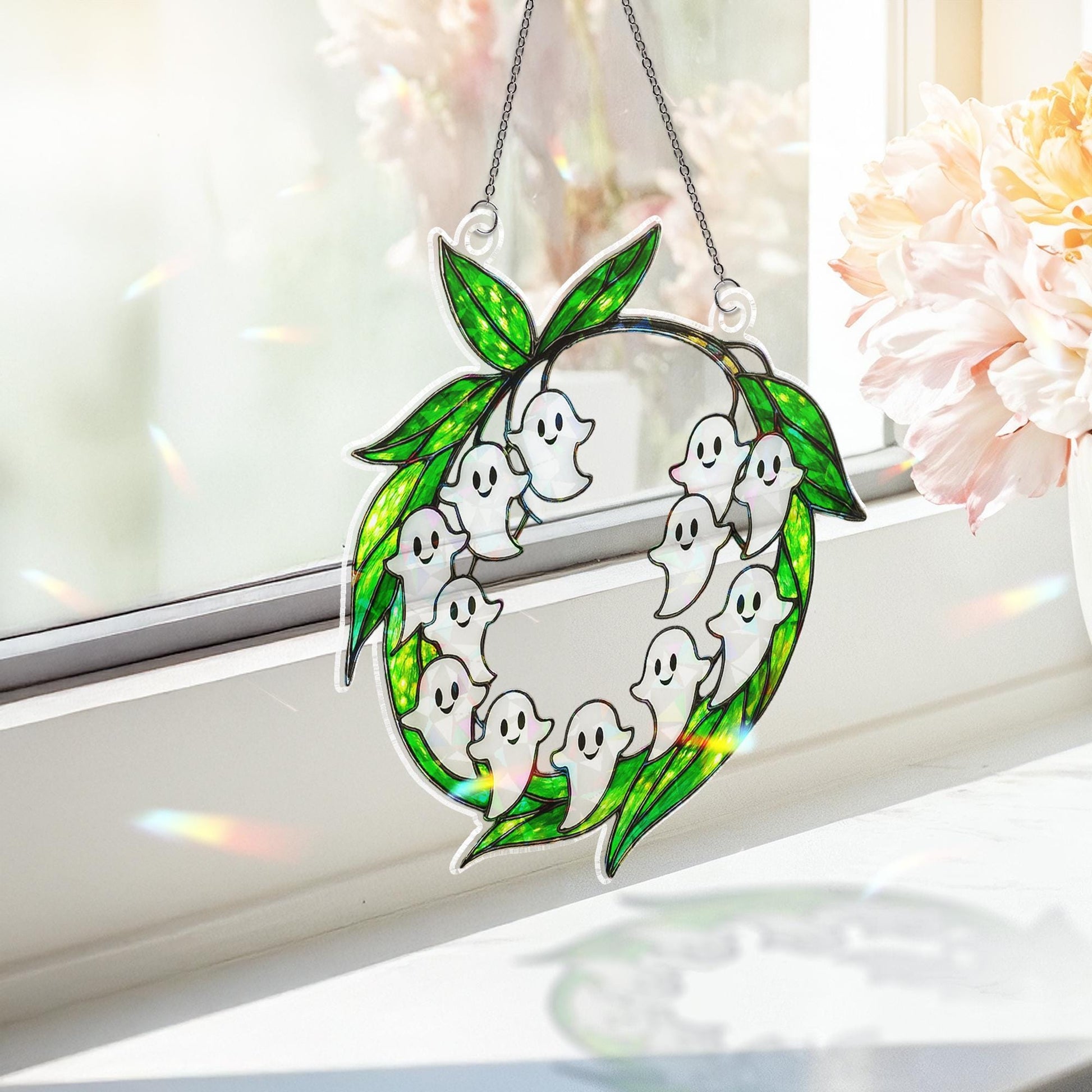 Ghost Floral Wreath ACRYLIC Suncatcher Halloween Decor, Acrylic Window Hanging, Holographic Ghost Ornament, Fall Spooky Leaf Wreath Gift